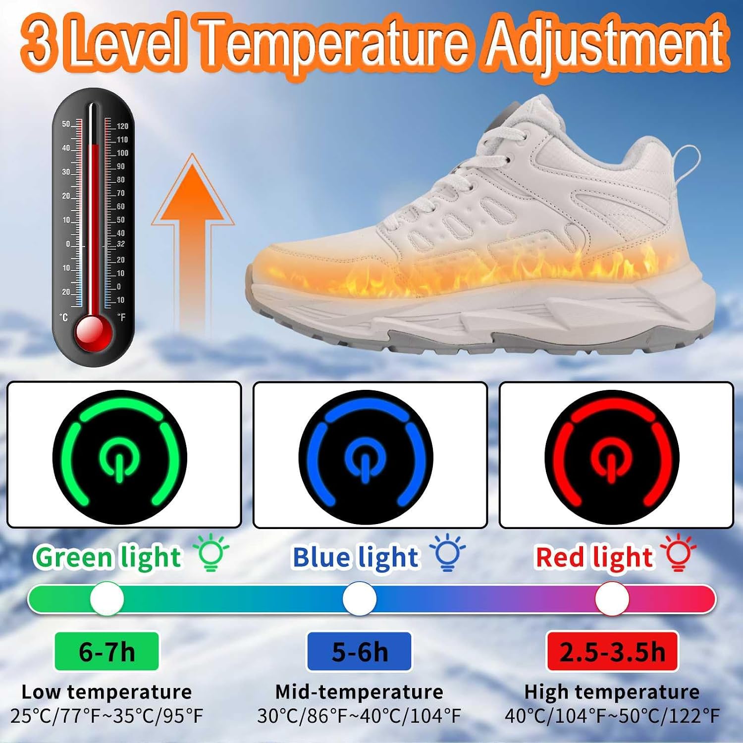 Heated Sneakers for Men Women,4000mAh Battery Rechargeable Foot Warmer Shoes with 3 Heating Levels,Heating Hiking Shoes for Unisex Outdoor Feet Warm Anti-Slip Snow Trail Shoes