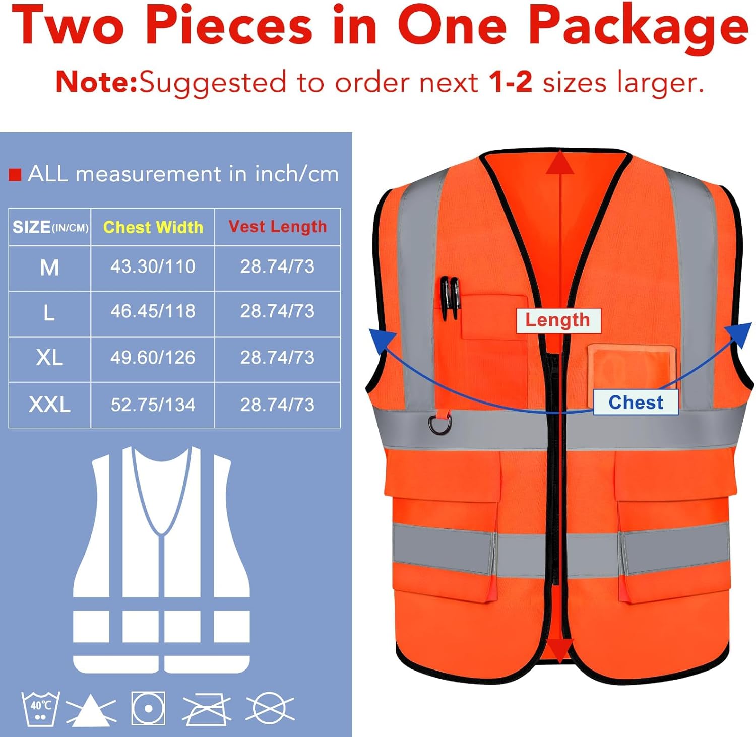 XPCARE 2-Pack Hi Vis Reflective Safety Vest with Pockets,High Reflective Strips Zipper Work Vest for Men and Women,Orange(Medium) - Image 2