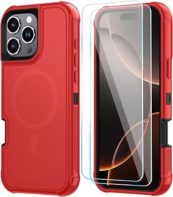 SunStory 3 in 1 Magnetic for iPhone 16 Pro Case with Screen Protector Red