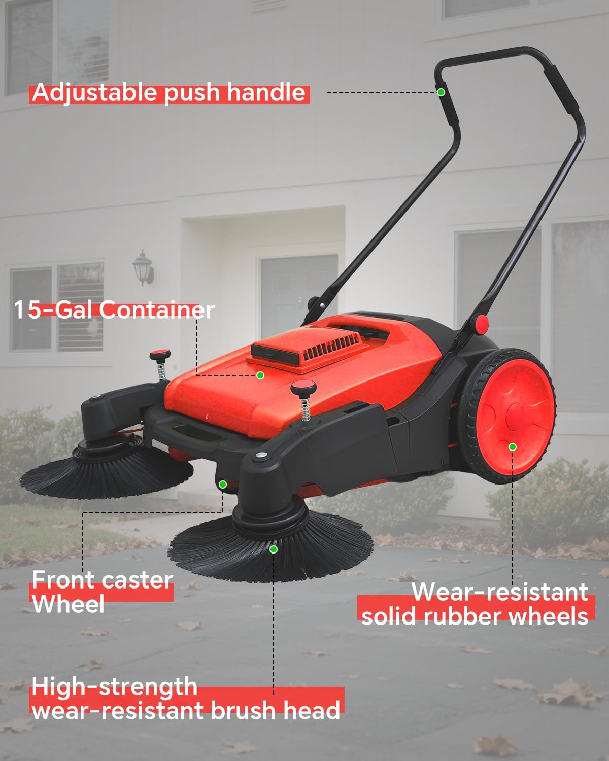 41" Walk-Behind Hand Push Floor Sweeper, 15 Gal Large Capacity, Folding Handle, 46000 SqFt/Hour Indoor & Outdoor Use, Ideal for Large Area Cleaning in Stores Farms Warehouses Stable