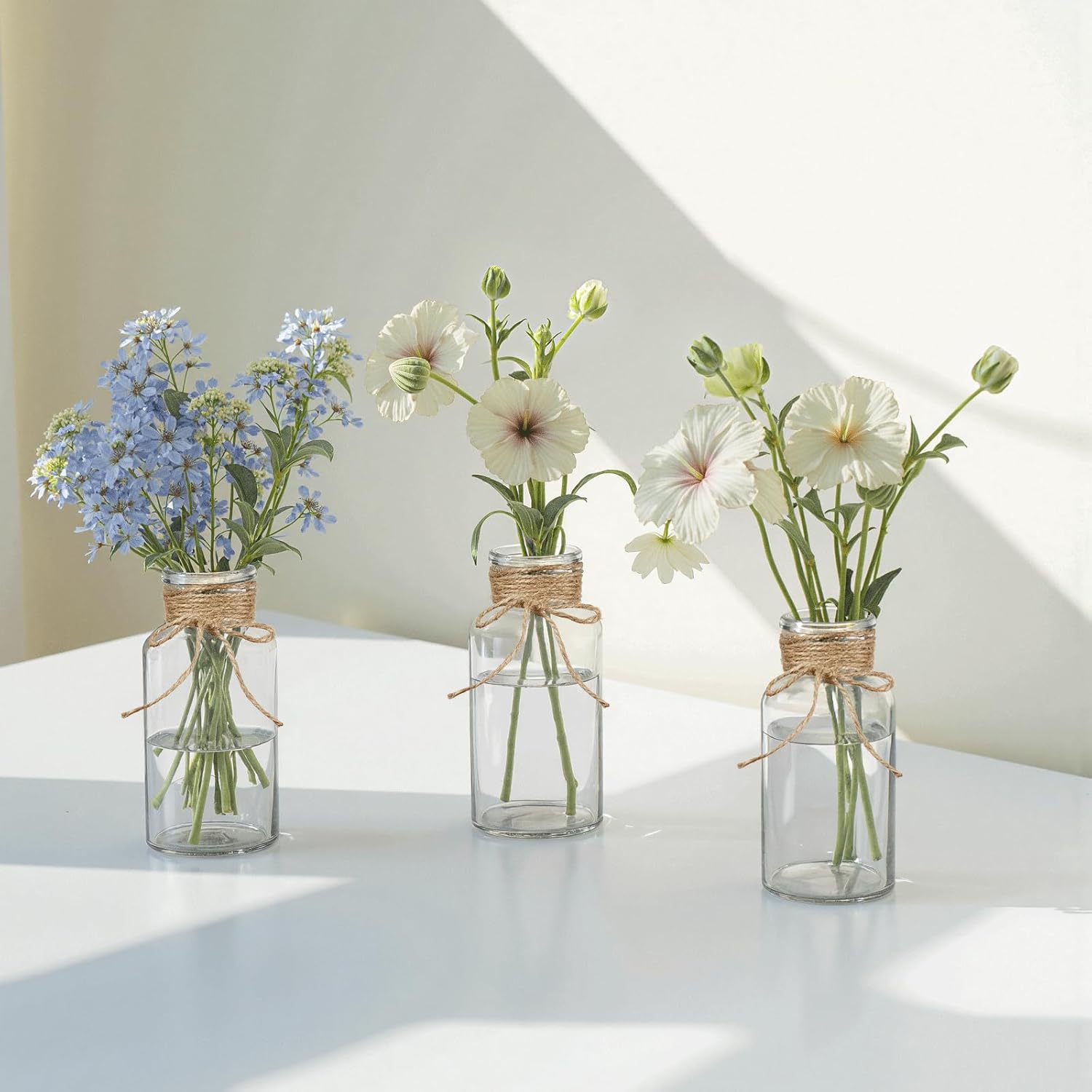 6pcs Glass Vase Set with Artificial Eucalyptus Leaves Stems, Vintage Clear Flower Vases for Centerpiece Table Decorations Farmhouse Wedding, Cylinder Vase for Home Decor Party Bathroom Office Shelf