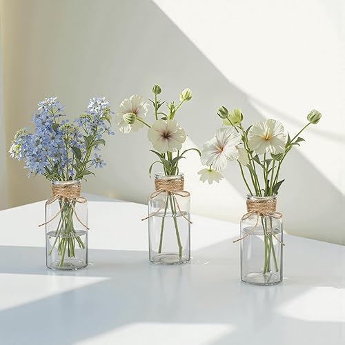 Miniatura 4 de Juego de 6 jarrones de vidrio con tallos de hojas de eucalipto artificiales, jarrones de flores transparentes vintage para centros de mesa,