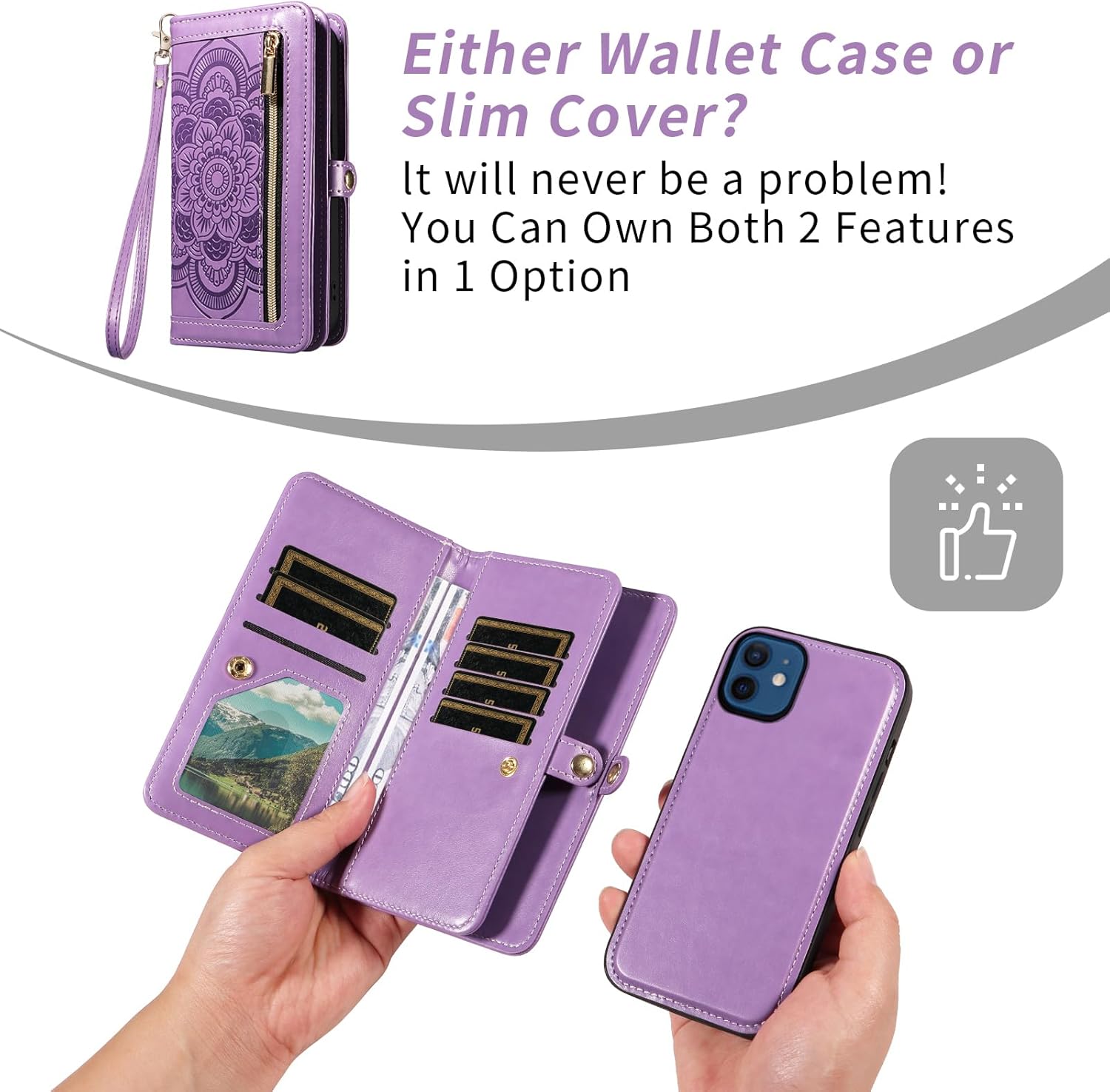 Asuwish Phone Case for iPhone 12 Mini 5.4 Zipper Wallet Detachable Cell Cover with Tempered Glass Screen Protector Crossbody Strap Flower Card Holder iPhone12mini 5G i 12s iPhone12 12mini Women Purple