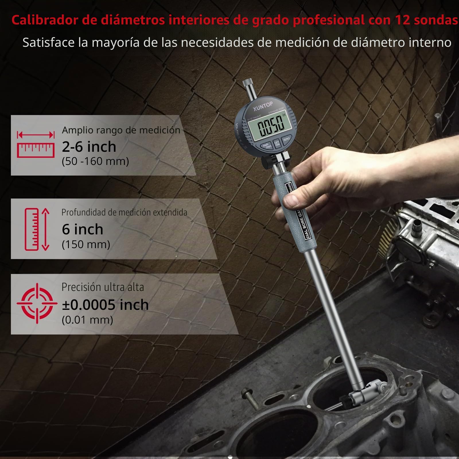 XUNTOP Indicador de Diámetro 50-160mm/2-6pulgadas Indicador de Cuadrante Digital 0,01mm/0,0005pulgadas Indicador de Dial con 12 Especificaciones Diferentes de Calibre para Mecanizado, CNC, Automotriz