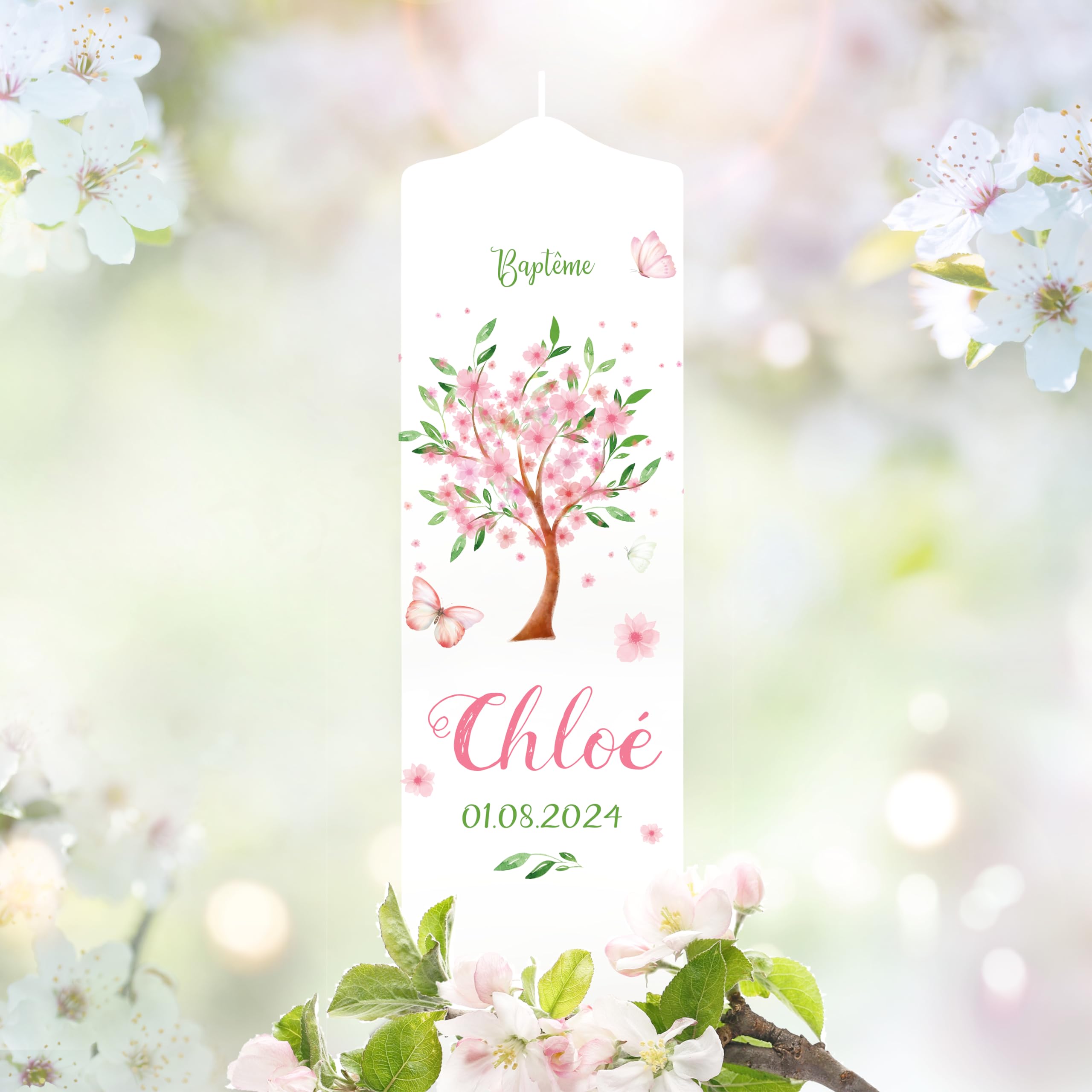 Bougie Baptême personnalisée Fille motif Arbre fleuri – Cierge Baptême avec prénom et date – Bougie imprimée – cierge personnalisé – 25 x 7 cm