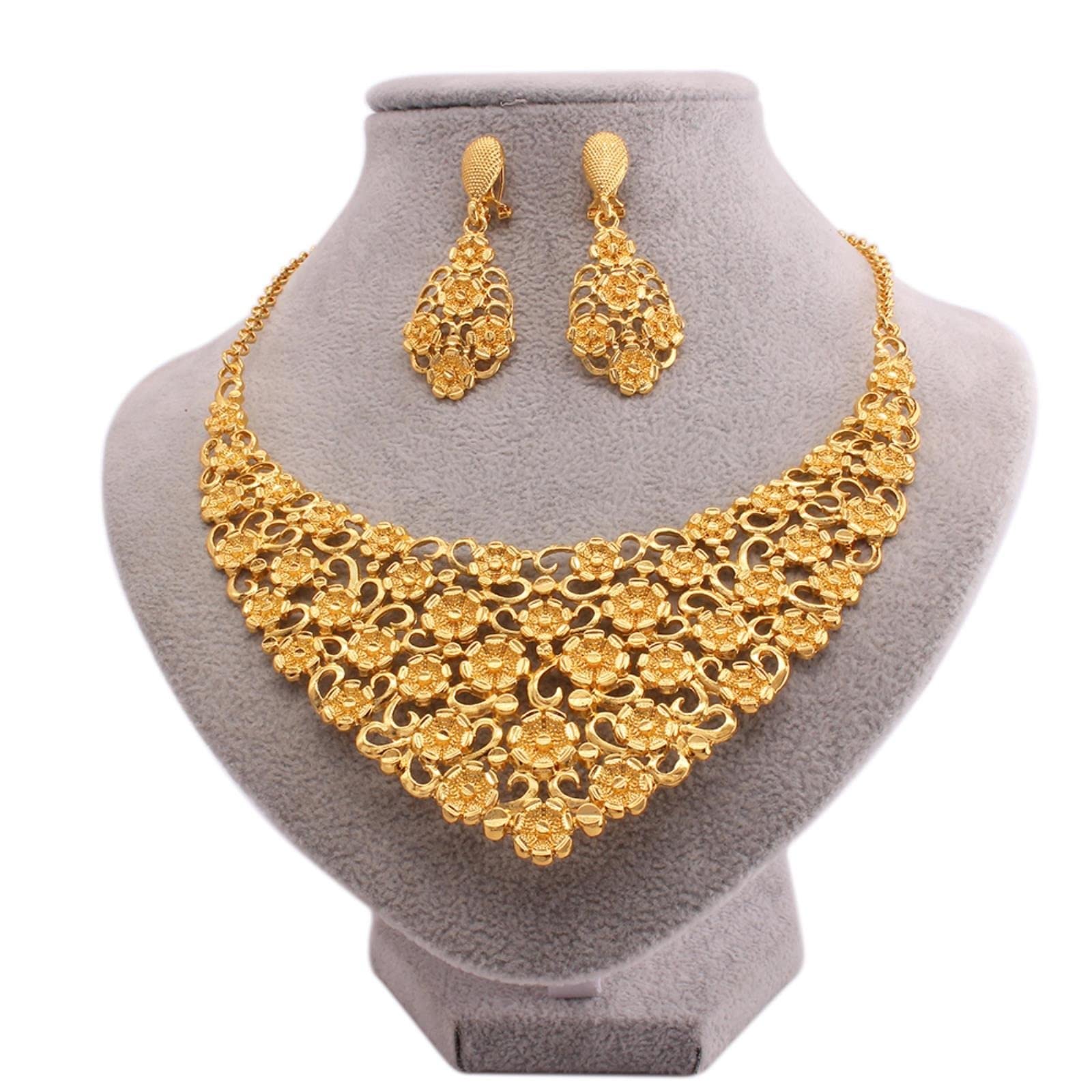 African Fashion Trendy Gold Jewellery Fine Bridal Gifts Wedding Ornament Jewelry Sets Necklace Earrings Set For Women