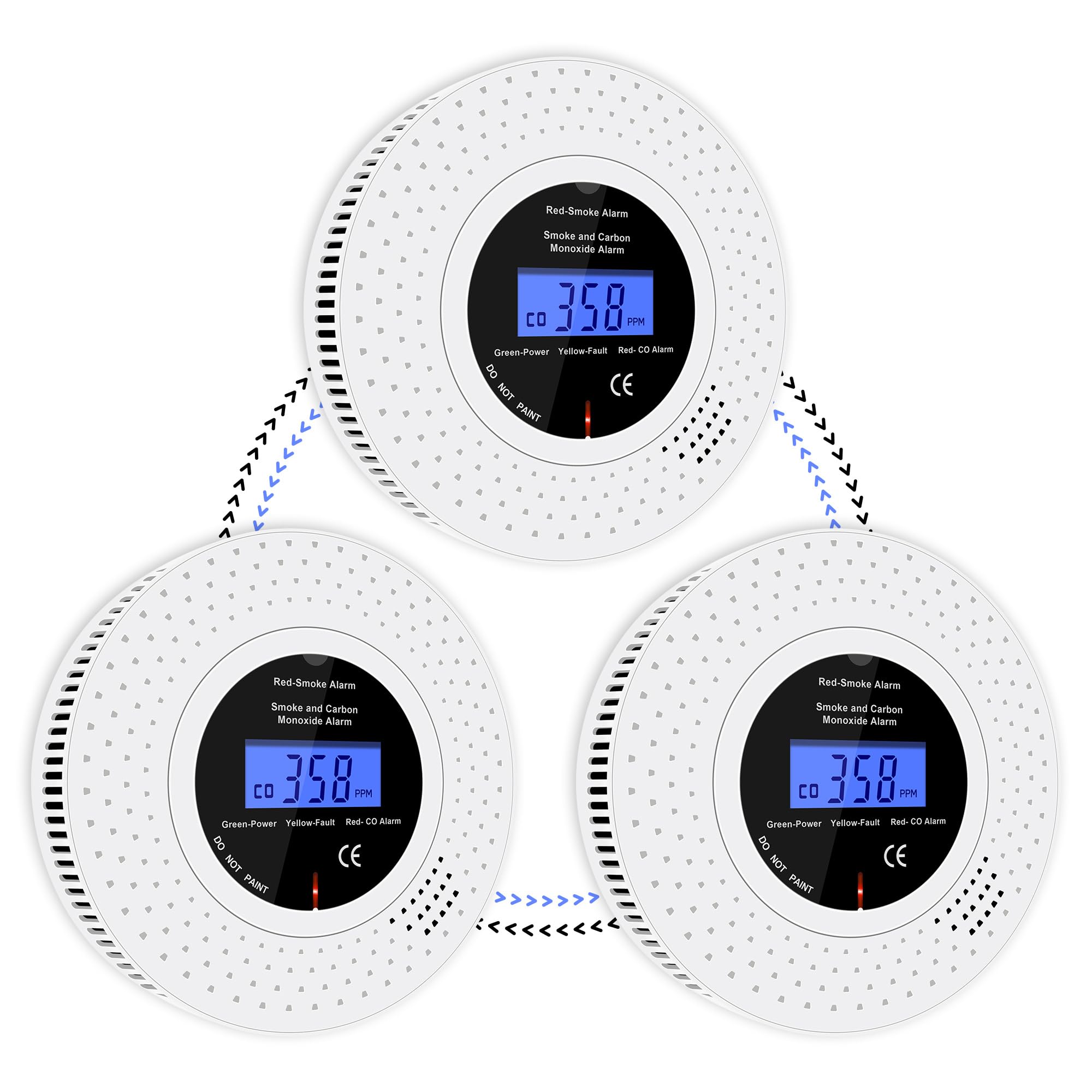 Scondaor Interlinked Smoke and Carbon Monoxide Detector Combo with LCD Display, Pre-Linked Smoke Alarms for Home Replaceable AA Battery Included, Smoke CO Alarm with Test/Silence Button (3 Pack)
