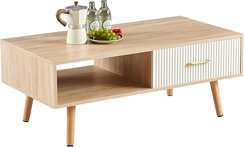 Miniatura 39 de Mesa de centro de madera de 41.3 pulgadas con almacenamiento, mesa de sofá central rectangular moderna con panel de puerta deslizante de ratán de