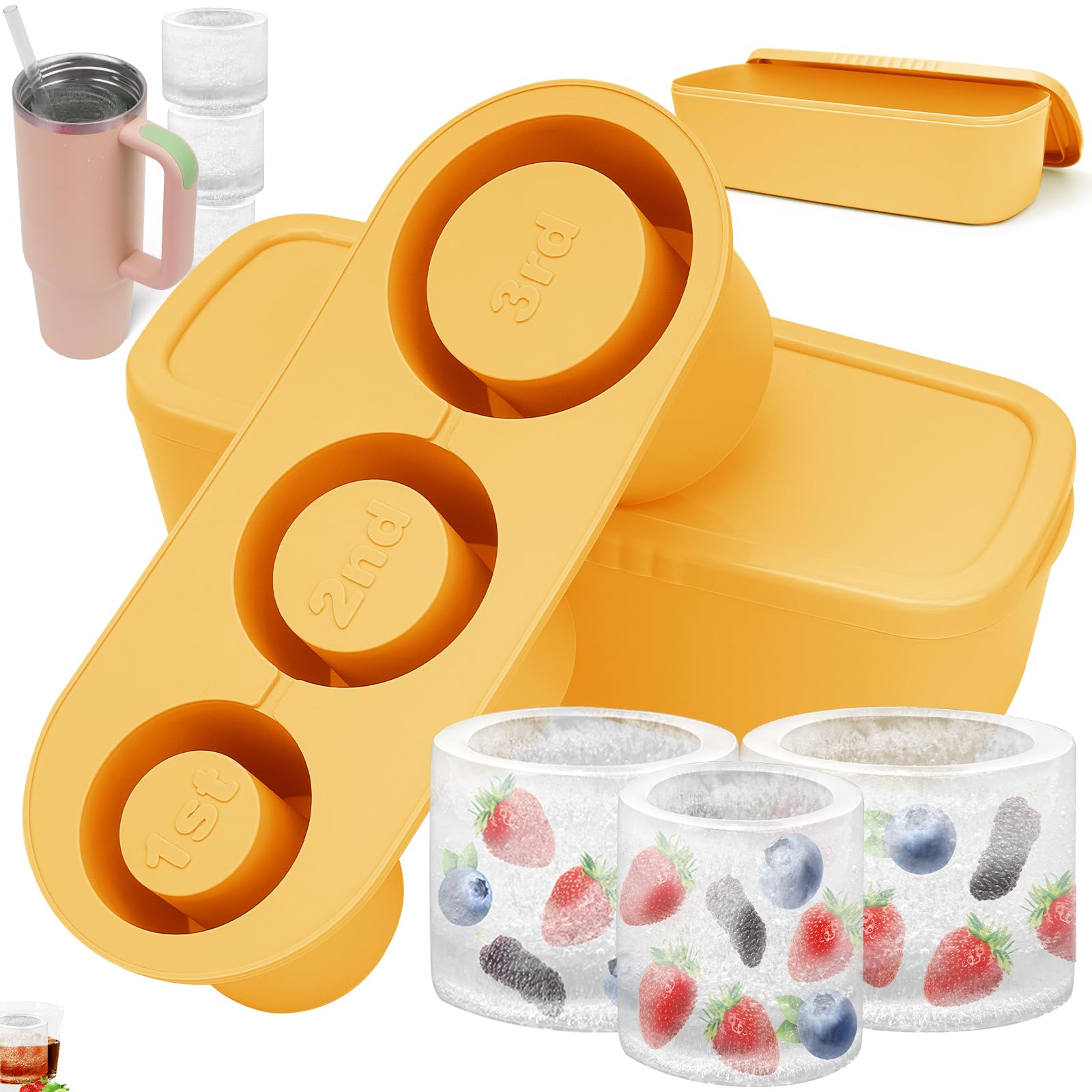 Silicone Ice Cube Tray for Stanley, with Lid & Bin Hollow Cylinder Ice Cube Mold for Tumbler Cups 40 oz for Ice Coffee Cocktails, Drinks Increase Freezing Time Effect Ice Maker - Yellow