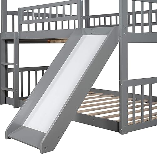 Miniatura 9 de Literas triples con tobogán 3 literas de tamaño matrimonial sobre matrimonial cama triple con escalera incorporada marco de litera triple de madera