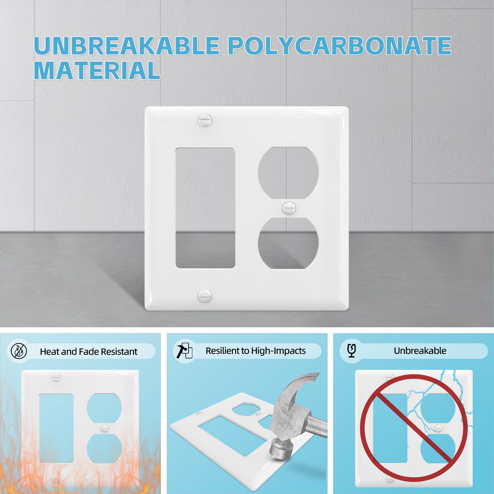 TOPELER Lot de 12 prises duplex à combinaison à 2 interrupteurs - Plaque murale en thermoplastique incassable - Taille standard H 11,6 cm x l 11,6 cm - Blanc brillant
