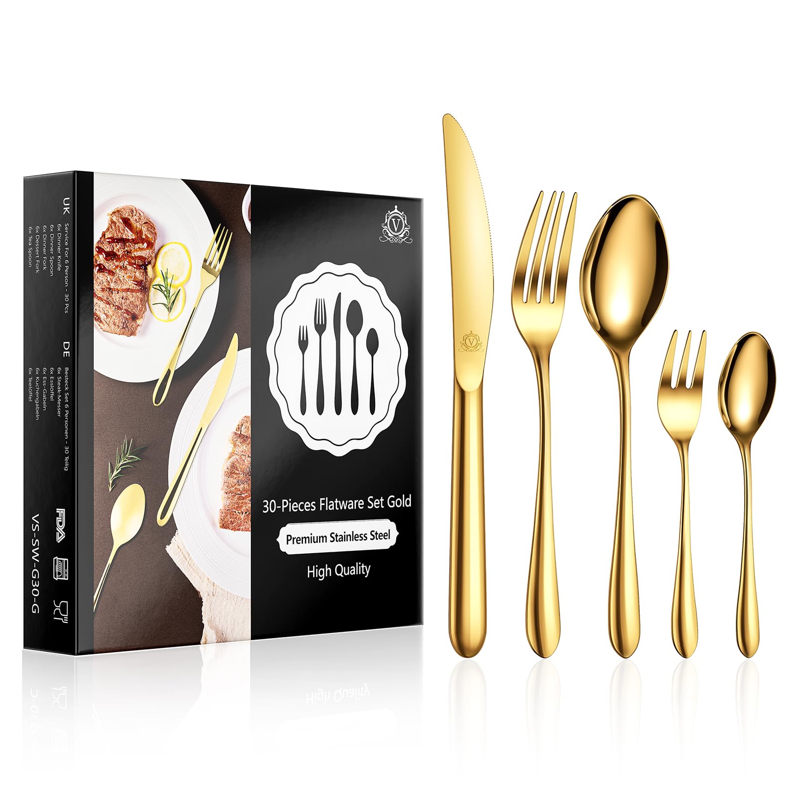 vancasso Besteck Gold Set 6 Personen,30-Teilig Edelstahl Besteckset mit Messer/Gabel/Löffel/Dessertlöffel, 18/10 Edelstahl Besteckset Poliert mit Geschenkbox, Spülmaschinenfest