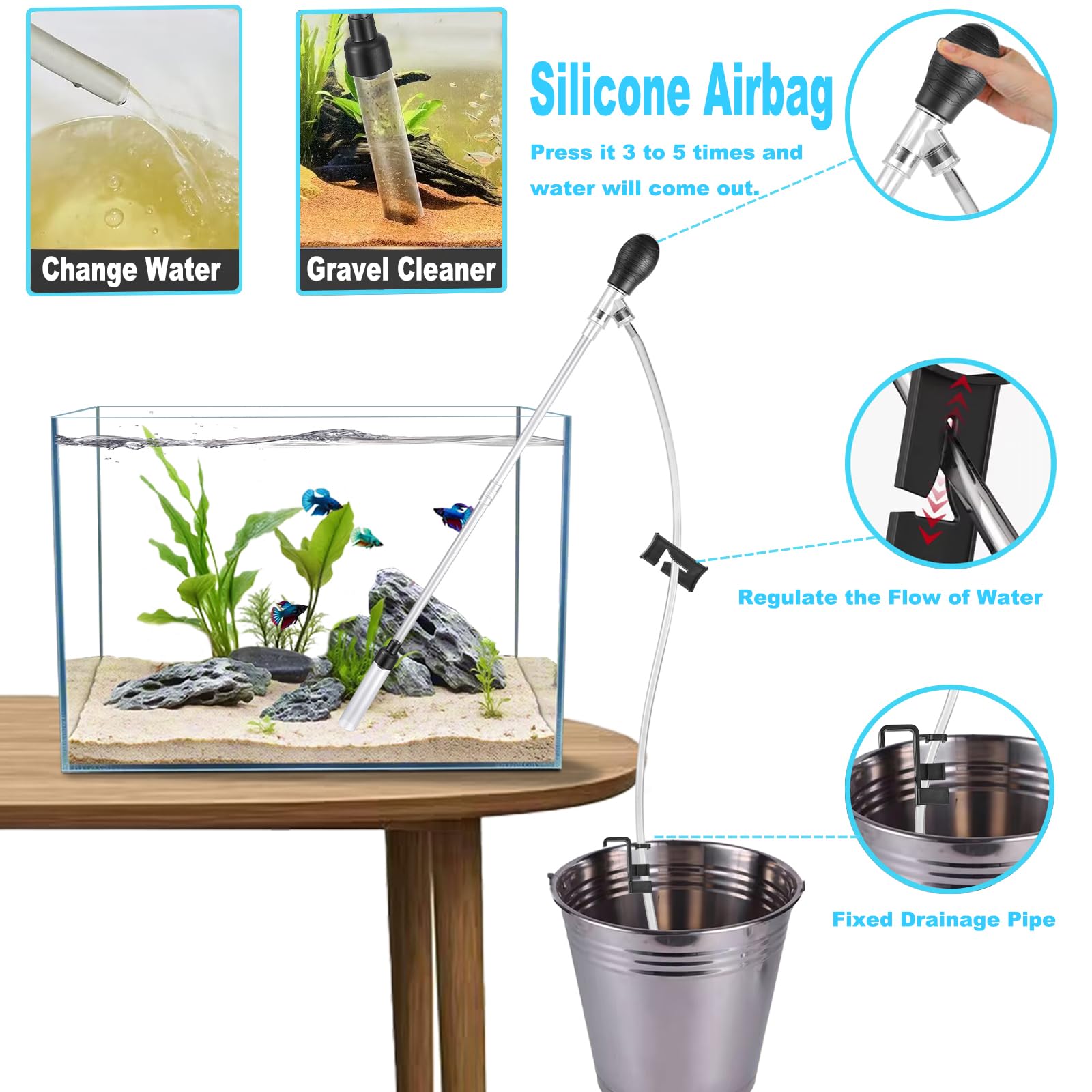 Carefree Fish Limpiador de grava para acuario, manguera de 6 pies, cambiador de agua, aspiradora de arena, bolsa de aire de silicona, longitud ajustable ABS (para tanque de 5 ~ 20 galones) versión