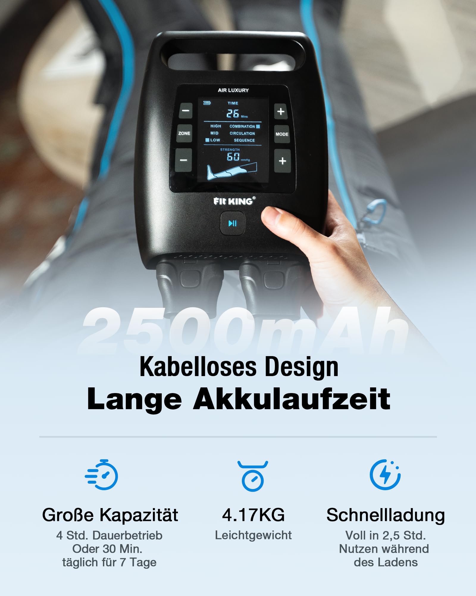 FIT KING Beinmassagegerät, 4-Zonen-Luftkompression, wiederaufladbar (S) | Recovery Boots 12 Intensitäten 3 Modi Fördert die Durchblutung und Muskelregeneration für Sportler und den täglichen Gebrauch