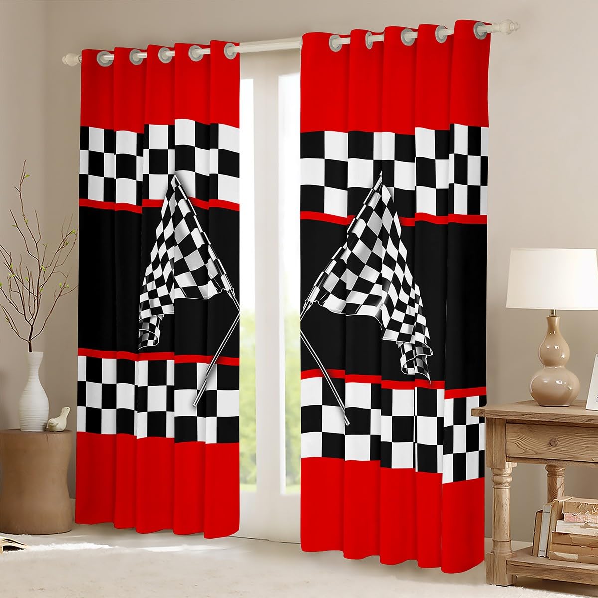 richhome Boys Girls Racing Car Blackout Shades Race Checkered Sport Window Curtains Kids Race Track Window Drapes Teens Bedroom Decor (2 Panels - Image 2