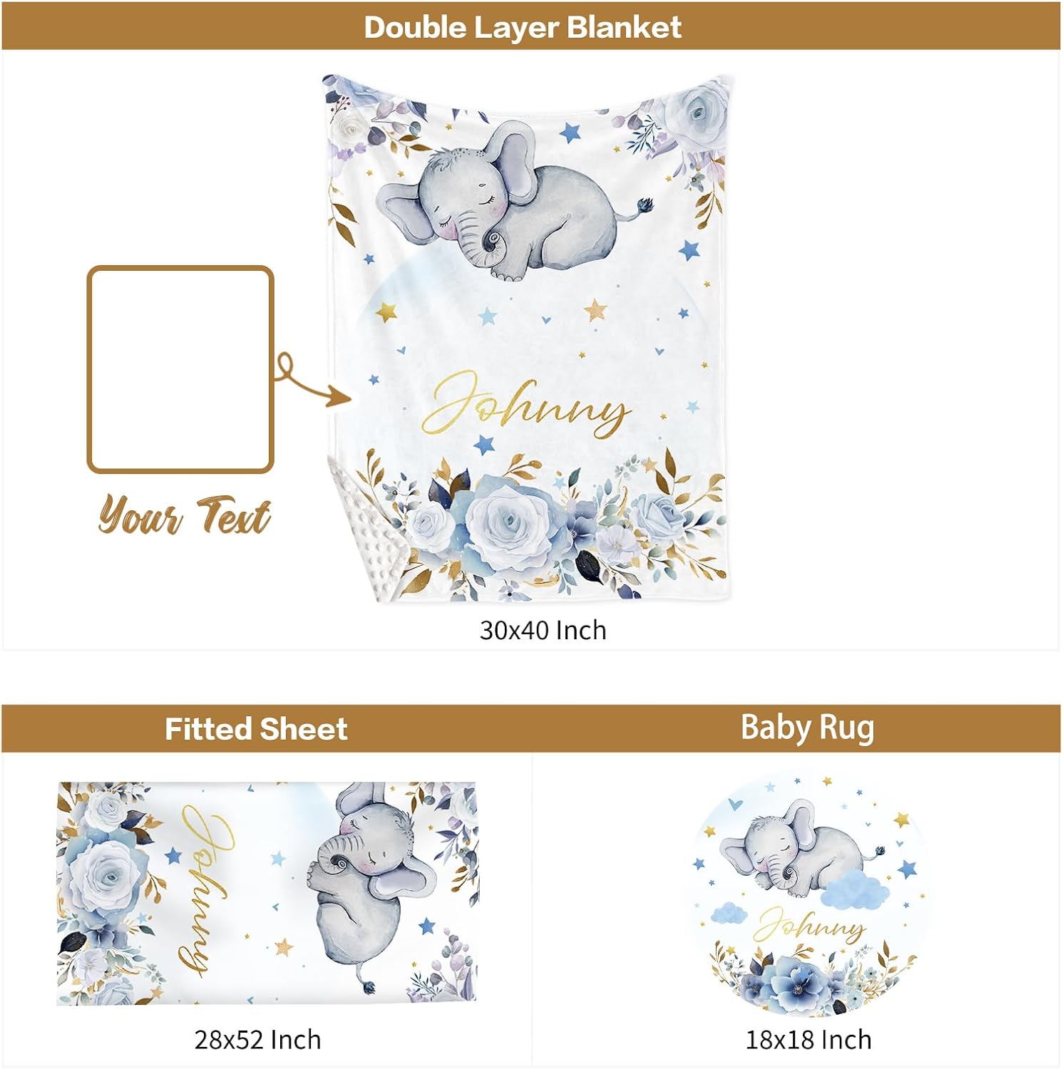 Custom Baby Crib Bedding Set, 3 Pcs Personalized Nursery Bedding Set with Name, Soft Baby Bedding Crib Sets with Blanket - Toddler Crib Sets for Girls Boys, Infant Newborn Gifts, Blue Elephant