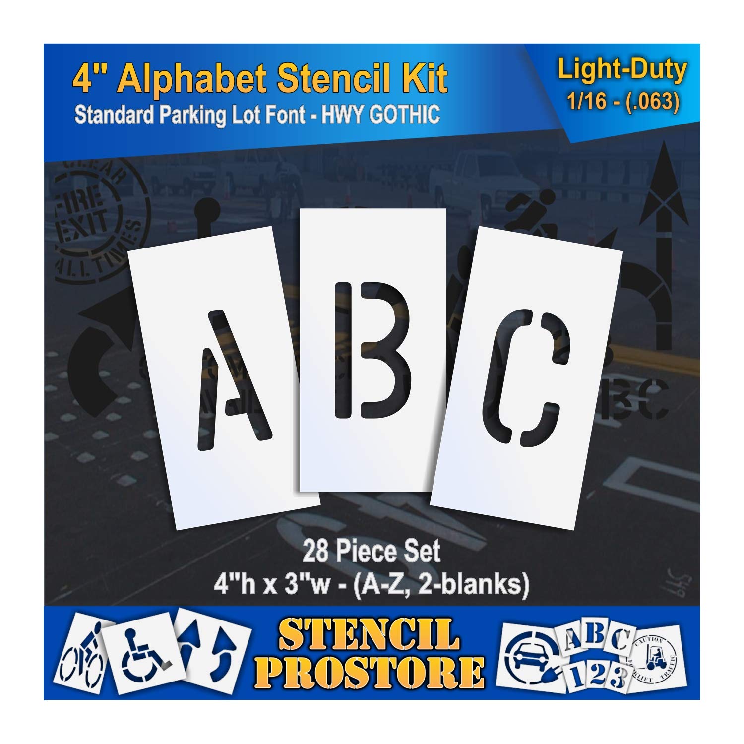 Curb and Median Stencils - 4 inch Alphabet KIT Stencil Set - (28 Piece) - 4" x 3" x 1/16" (63 mil) - Light-Duty