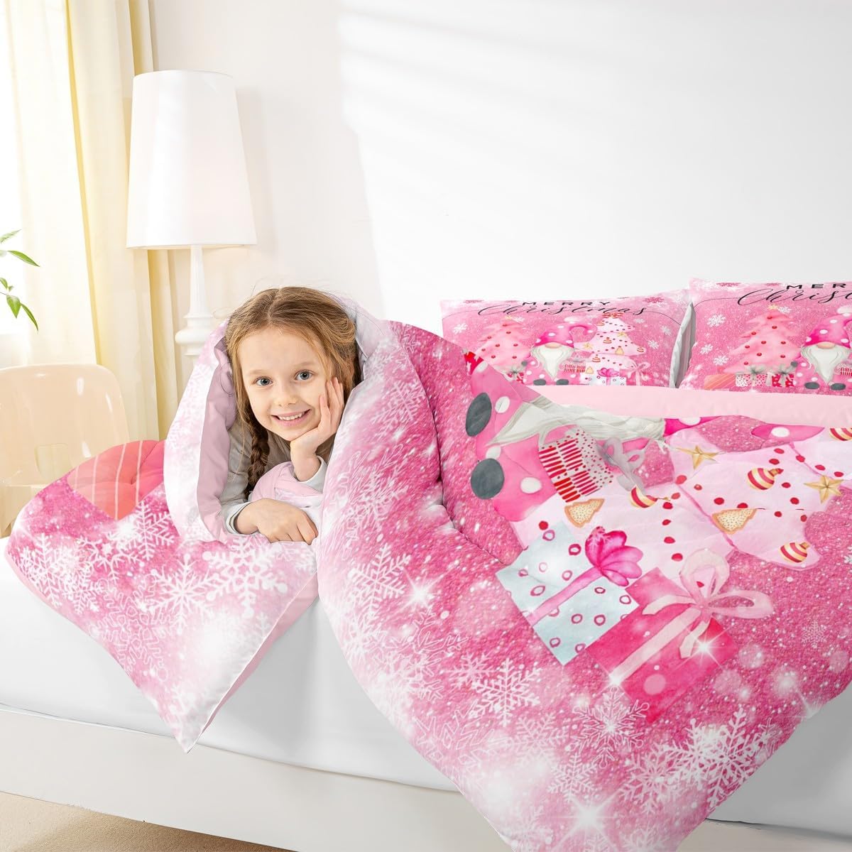 Castle Fairy Girly Christmas Comforter Set Queen Size,Pink Gnome Xmas Pine Trees Gift Bedding Set for Women Adult,Snowflake Stars Glitter Sparkling Luxury Bed Duvet Insert, 2 Pillowcases