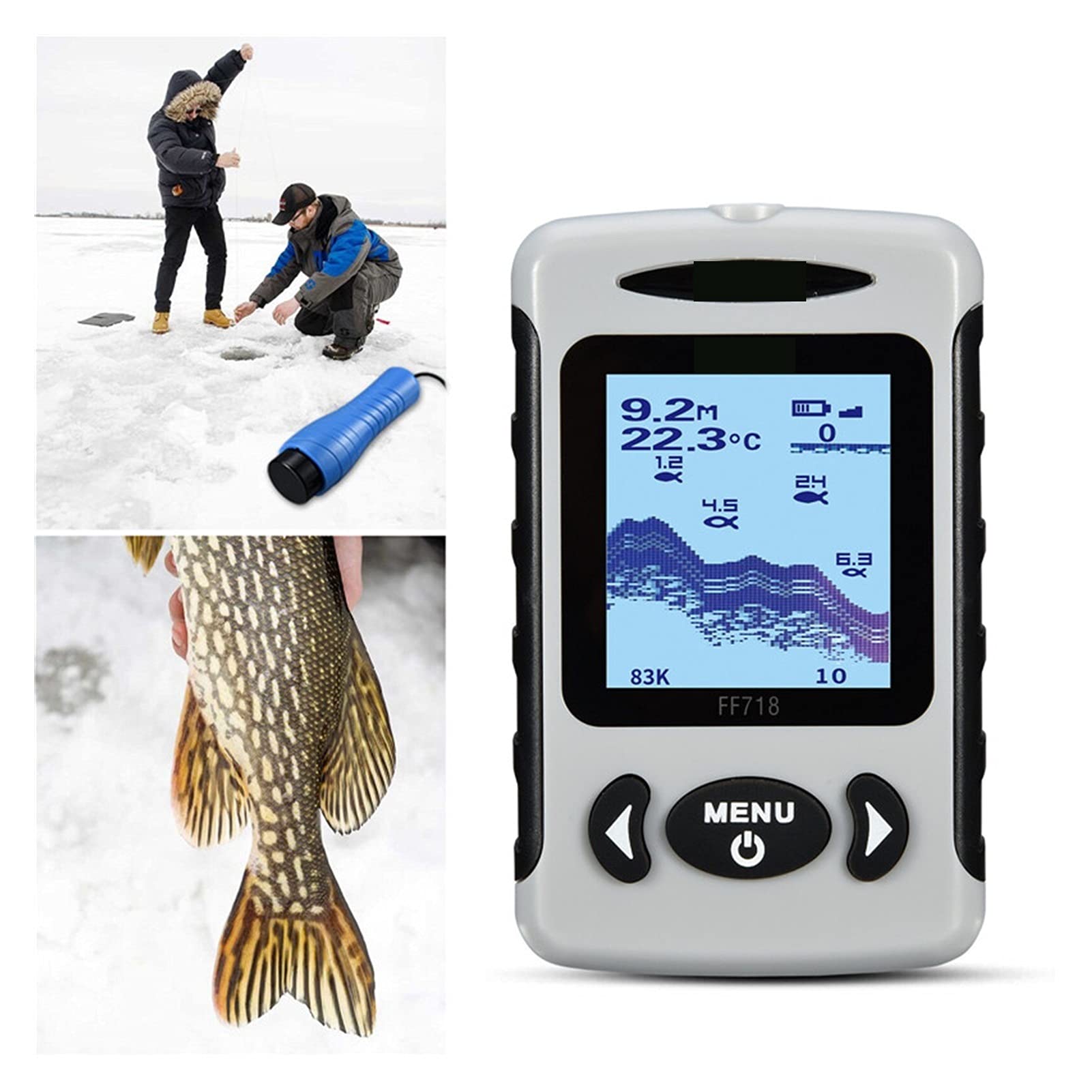 Buscador de Peces, 2. Pulgadas LCD Finder portátil de Pescado 200kHz / 83KHZ Doble Sonar Frecuencia 100M Detector Pesca con Hielo