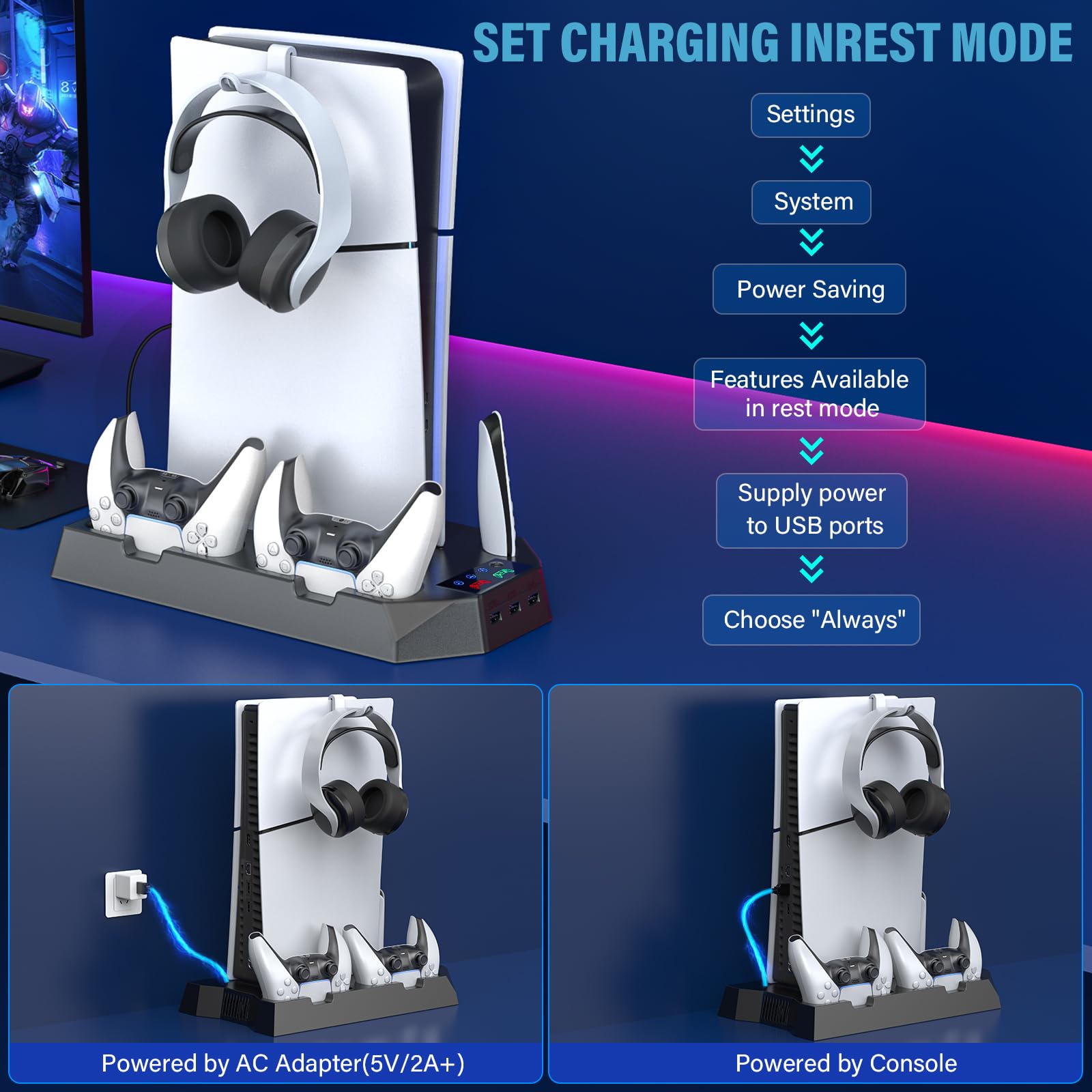 PS5 smukły stojak i stacja chłodząca z kontrolerem do Playsation 5 Slim & Standard Disc/konsola cyfrowa, akcesoria PS5 z ładowarką/wentylatorem turbo/3 koncentratorami USB/stojakiem