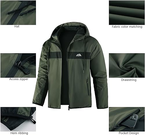 Vista 3 de Chaqueta impermeable con cremallera para hombre, para exteriores, ligera, softshell, para senderismo, viajes, con bolsillo con cremallera