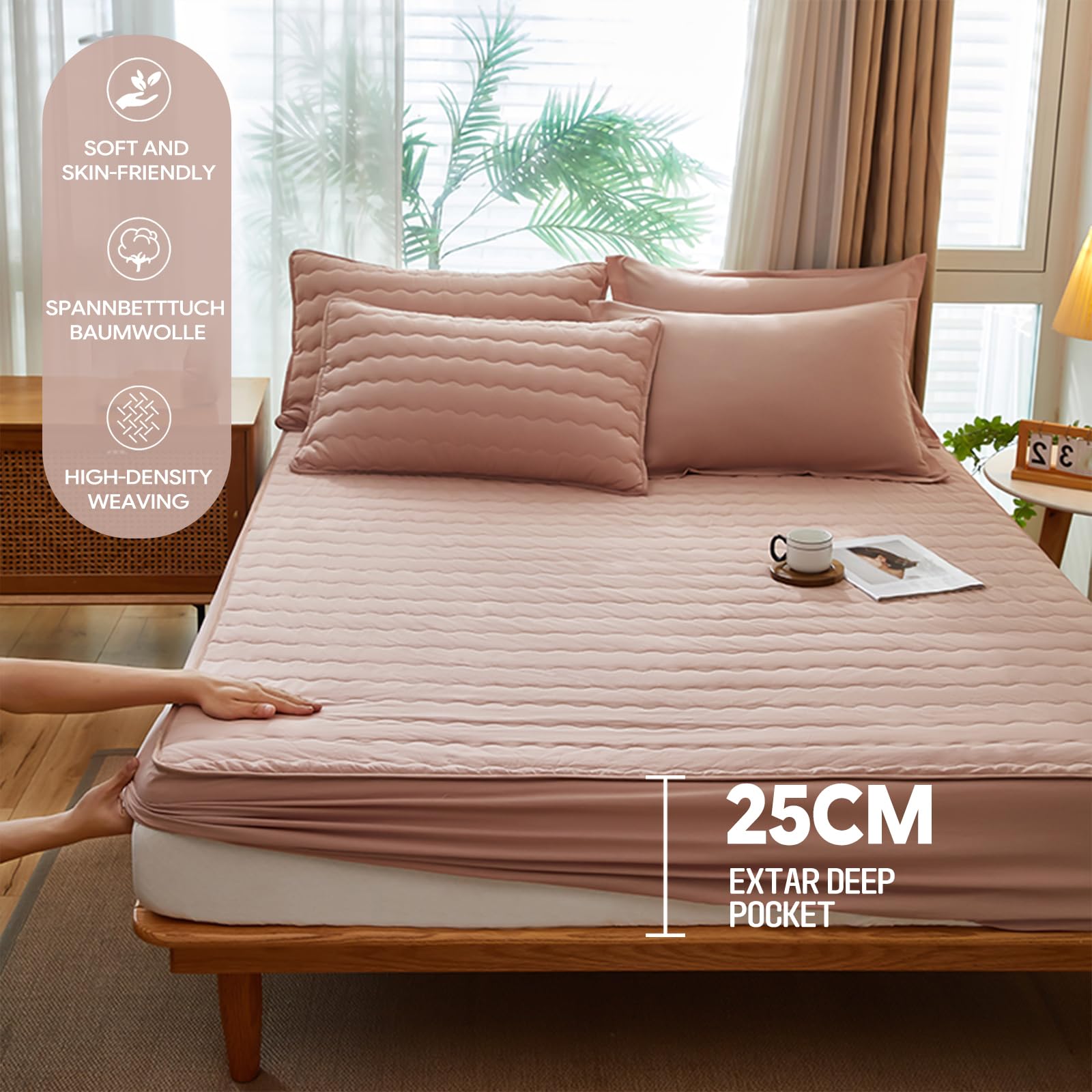 Spannbettlaken 200x220 Khaki Baumwolle Großes Doppelbett
