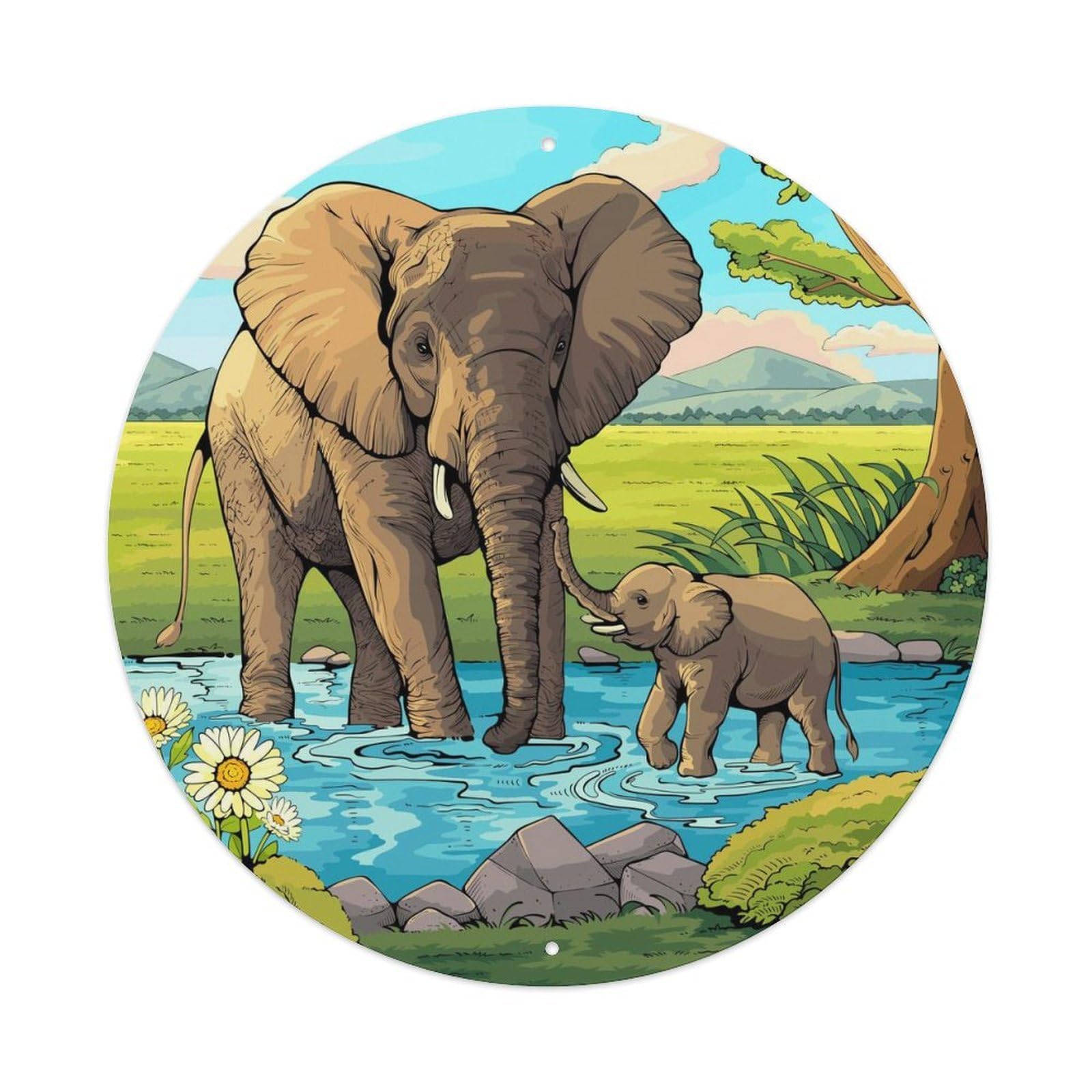 Animals Artwork Elephant And Her Calf Playing in The Stream Vintage Metal Tin Sign Plaque Wall Decor for Cafe, Club Bar, Office, Garden Metal Poster 8x8Inch