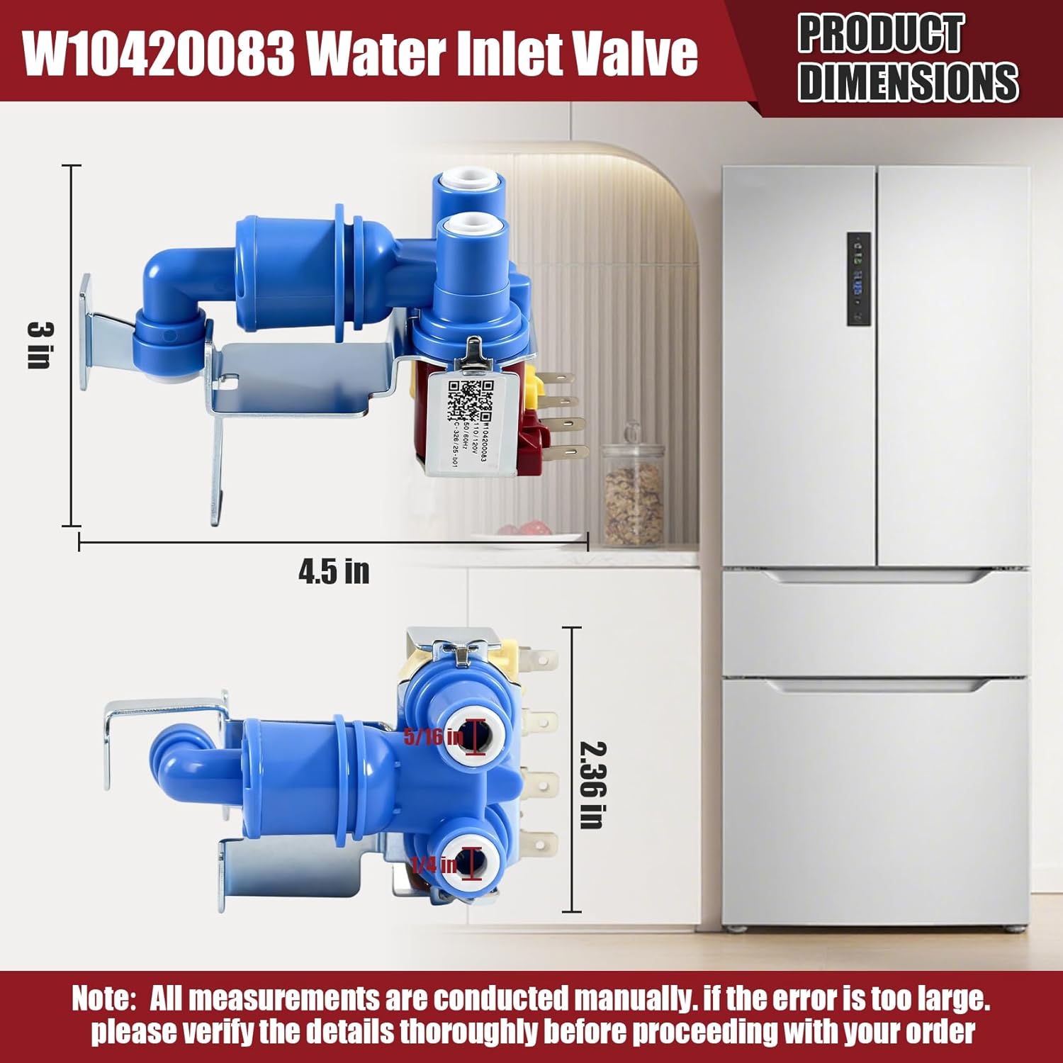 W10420083 Refrigerator Water Valve Fit for Whirlpool Kenmore Maytag Jenn-Air Amana Dacor,Replace W10420083 WPW10420083 AP6021208 K-78090 PS11754529 Refrigerator Dual Water Inlet Valve Replacement