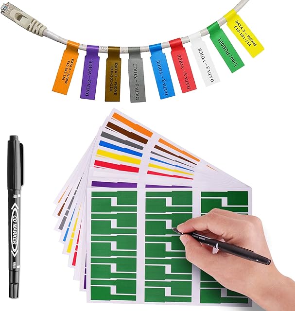 540 Colorful Cable Labels with Mark Pen, Cord Labels Can Write On, Self Adhesive Wire Labels Printable A4 Sheet for Laser Printer and Handwriting Cable Organize