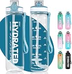 MYFOREST 32oz/1L Bouteille d'eau de sport, Tritan léger, Gulp à ouverture rapide 2-in-1, Fuite-proof, lave-vaisselle-safe, sans BPA, résistant à la chute & Scratch-Resist, marqueur de temps pour l'hydratation motivationnelle (effacement)