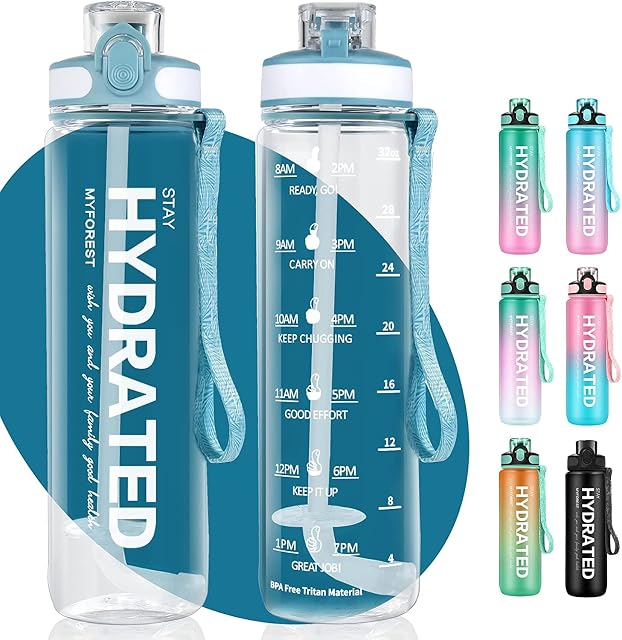 MYFOREST 32oz/1L Bouteille d'eau de sport, Tritan léger, Gulp à ouverture rapide 2-in-1, Fuite-proof, lave-vaisselle-safe, sans BPA, résistant à la chute & Scratch-Resist, marqueur de temps pour l'hydratation motivationnelle (effacement)