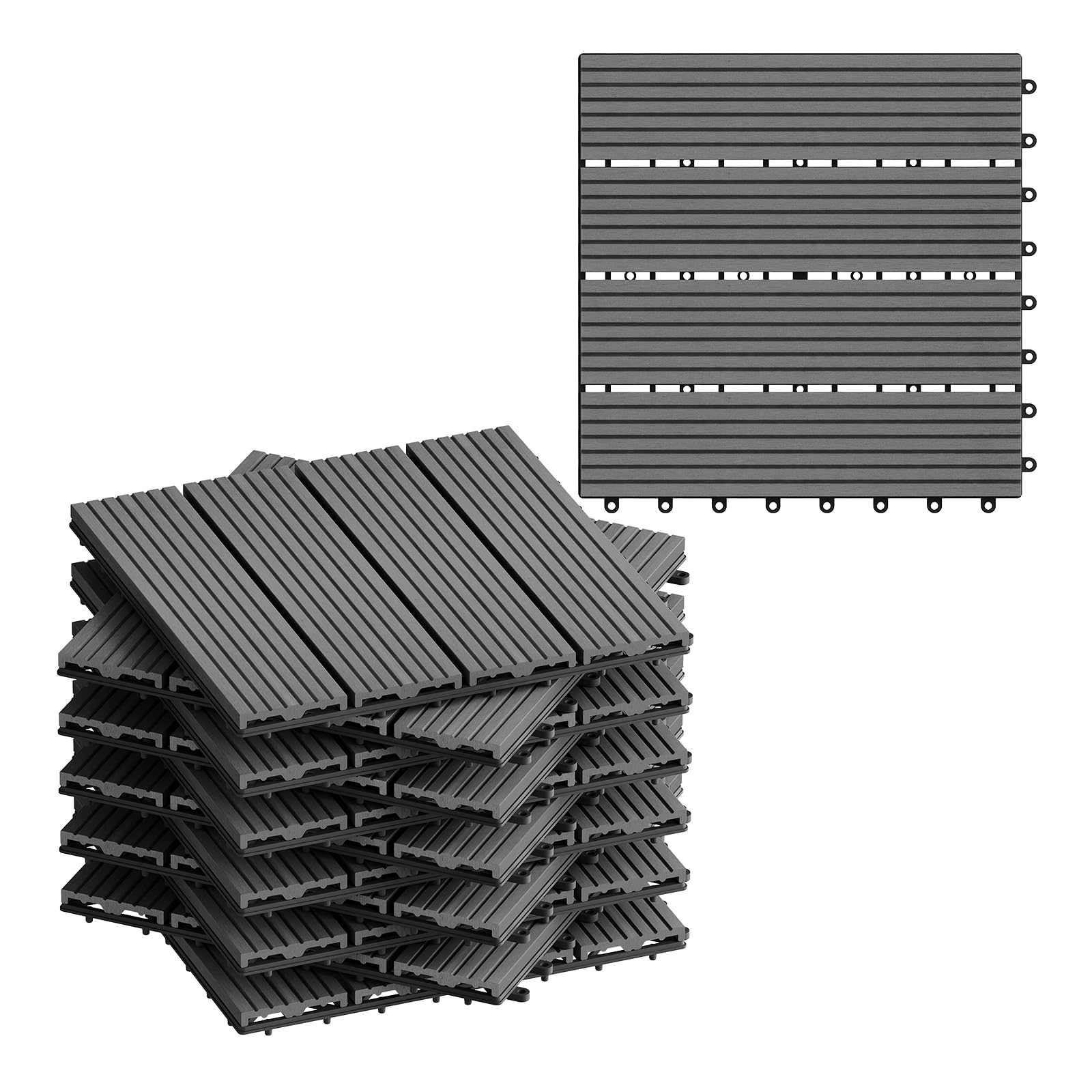 WOLTU WPC Composite Decking Tiles Set of 11 Interlocking Wood Effect Terrace Tiles Flooring with Click System - Grey, 30 x 30 cm(1 m²)