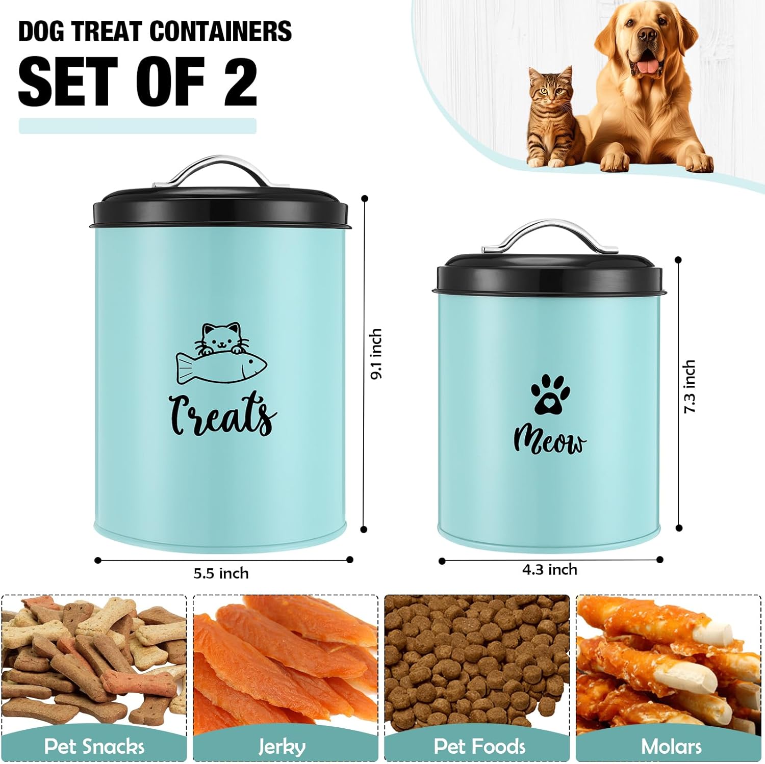 Honeydak 2 Pack Cat Treat Container Metal Pet Food Jar with Lid Cookie Container Gifts for Cat Lovers for Farmhouse Housewarming Gift Kitchen Counter Treat Jar Food Storage for Pet