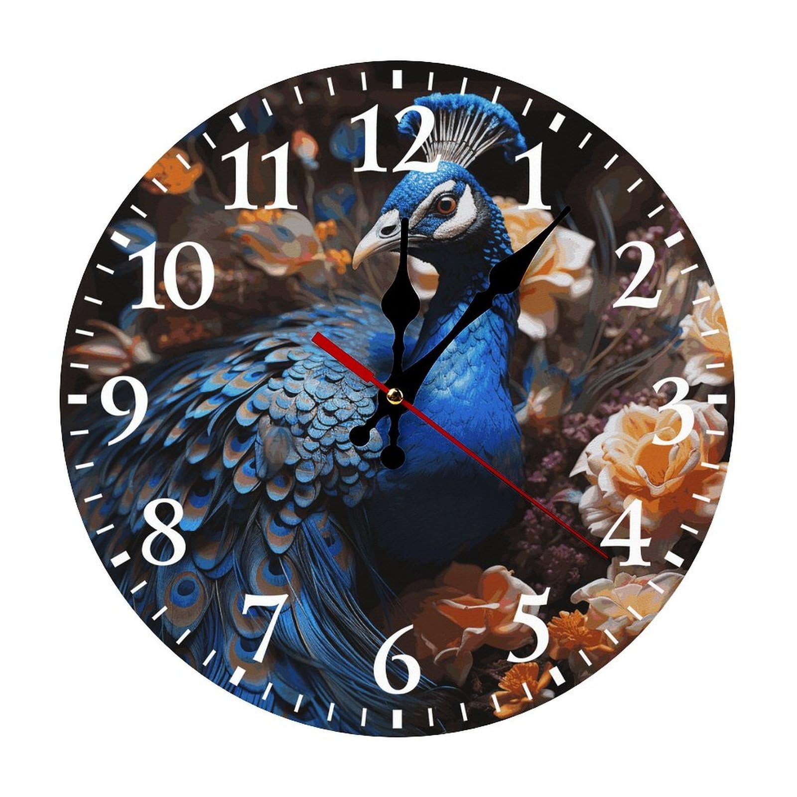 NTVOWPZO 10 Inch Wall Clock Blue Peacock Battery Operated Wall Clocks Silent Non-Ticking Round Wall Clock for Living Room Kitchen Home Office Wall Decorative Clock
