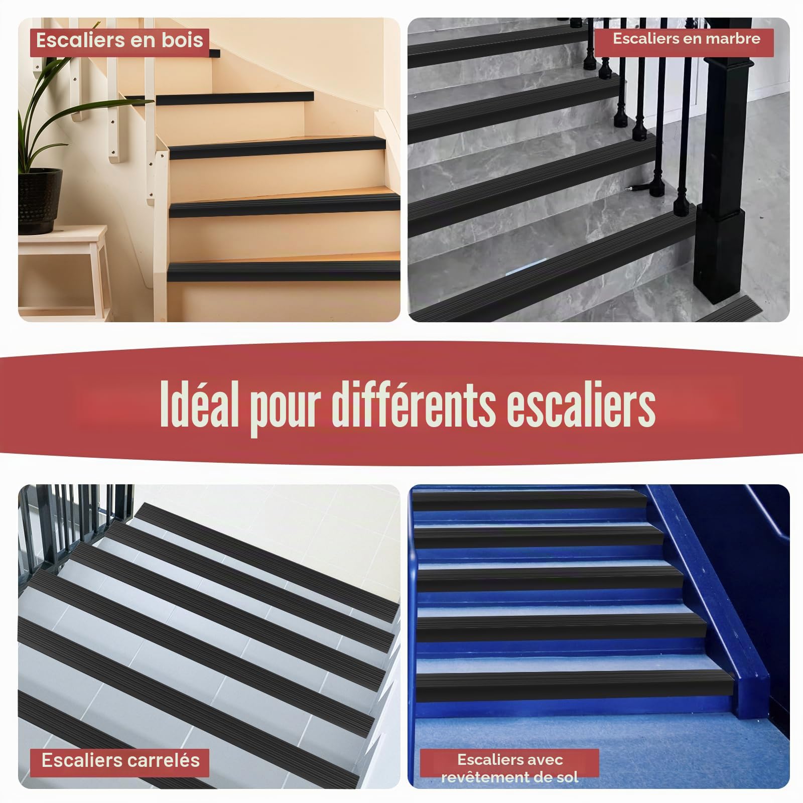 Nez d'escalier antidérapant en vinyle auto-adhésif, marches en PVC flexible pour intérieur et extérieur, imperméable et résistant à l'usure (5 + 4,8 x 12 m et noir)