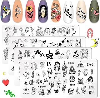 NICENEEDED Nail Stamping Plate Set, 4 Pcs Nail Stamp Plates with Snake Print Heart Stripe Figures Insects, Holiday Nail Stamping Plate Space Star Face French Line Nail Stamper Plate Nail Art Templates