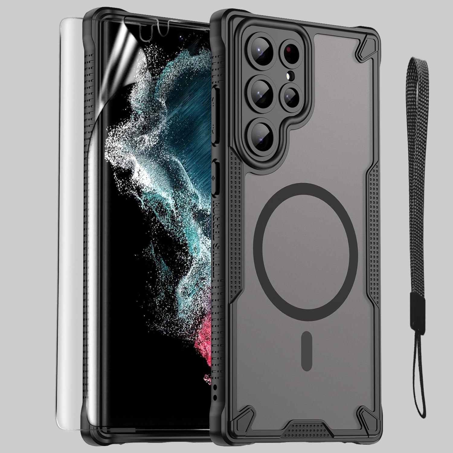 Custodia protettiva per Samsung Galaxy S22 Ultra con Magsafe magnetica sottile antiurto, retro opaco traslucido con cordino e 2 pellicole flessibili in TPU da 6,8", colore nero
