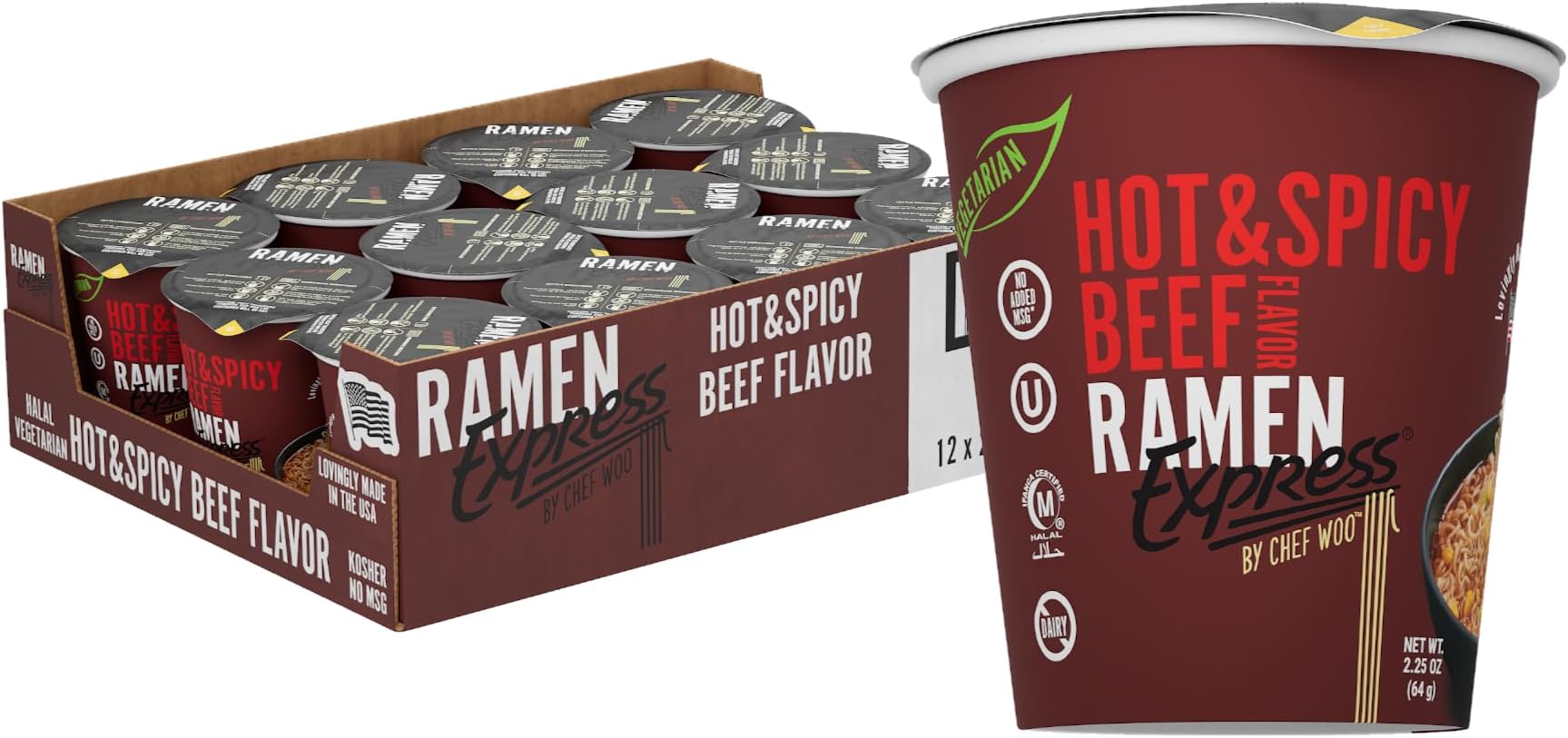 RAMEN EXPRESSHot & Spicy Beef Flavor Ramen Cup Noodle, 2.25 Oz Each (Pack Of 12) | Animal-free Ramen Noodles | All Plant-based | Made in U.S. with finest American flour