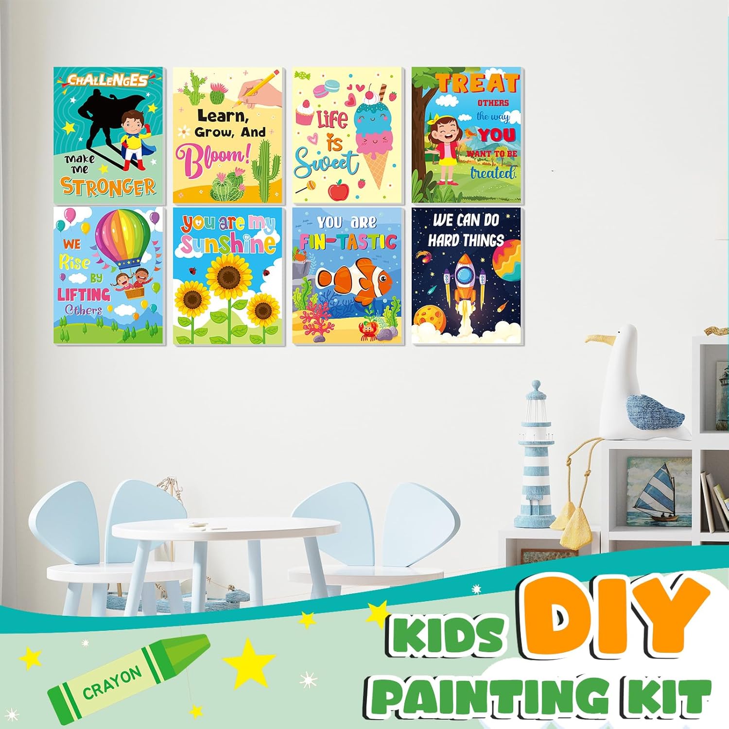 Ireer 12 Set Paint Party Set 8 x 10 Sip and Paint Kit Include 12 Printed Pre Drawn Canvas Panel, Wooden Easels, Palettes, Pots, Apron 36 Brushes for Adult Art DIY Party(Inspirational)