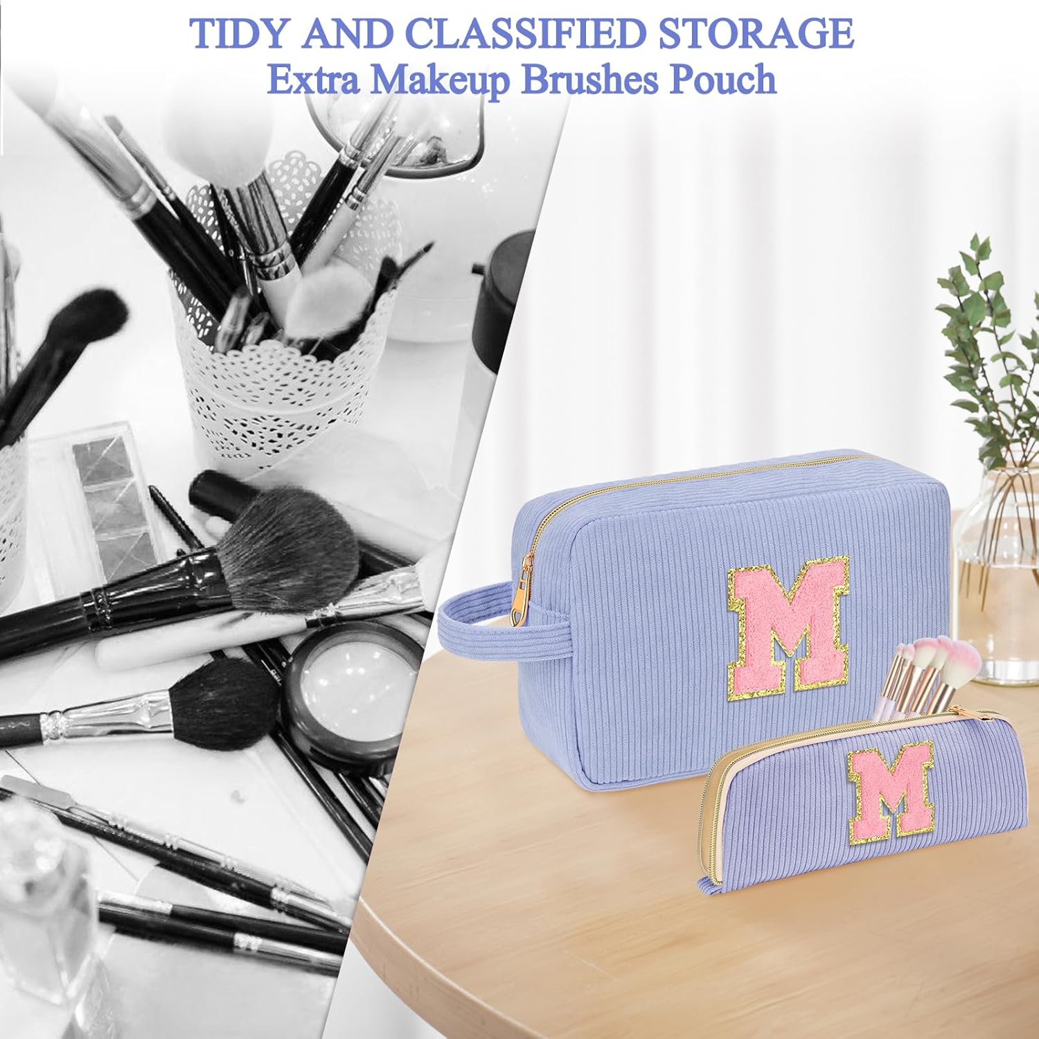 Personalized Initial Makeup Bag Trendy Stuff Corduroy Cosmetic Bag Travel Toiletry Bag, Valentine’s Day Gift Makeup Organizer Case & Makeup Pouch for Women Teen Girls Mom Girlfriend Wife