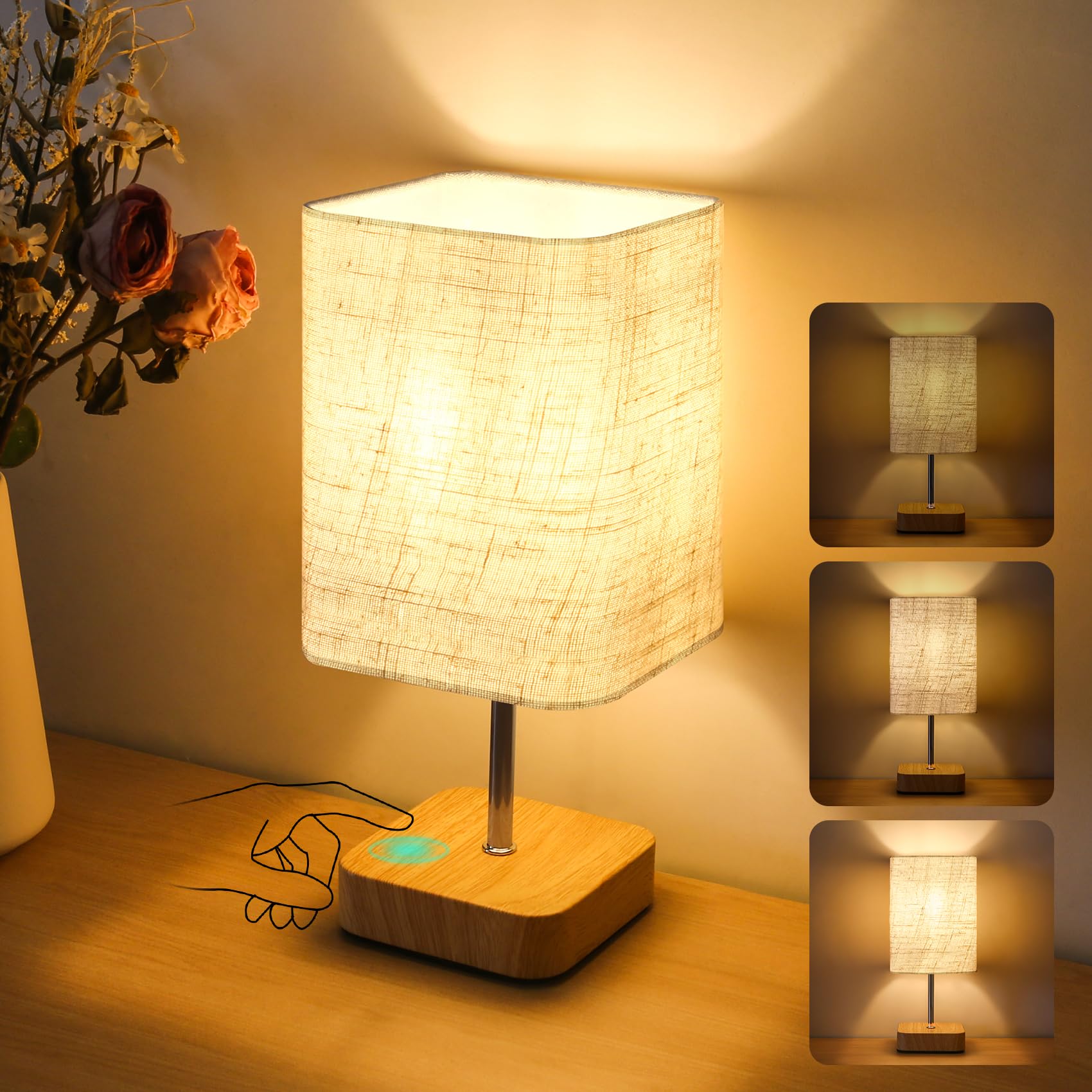 Touch Bedside Table Lamp, Dimmable Touch Control Nightstand Lamps,Small Lamp Wood Base Beige Flaxen Fabric Shade for Bedroom,Living Room,Office,Dimmable Bulb Included