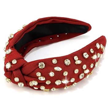 Atoden Burgundy Knotted Rhinestone Womens Wide Top Knot Beaded Crystal Jeweled Headband for Womens Hair - Perfect for Christmas Gifts