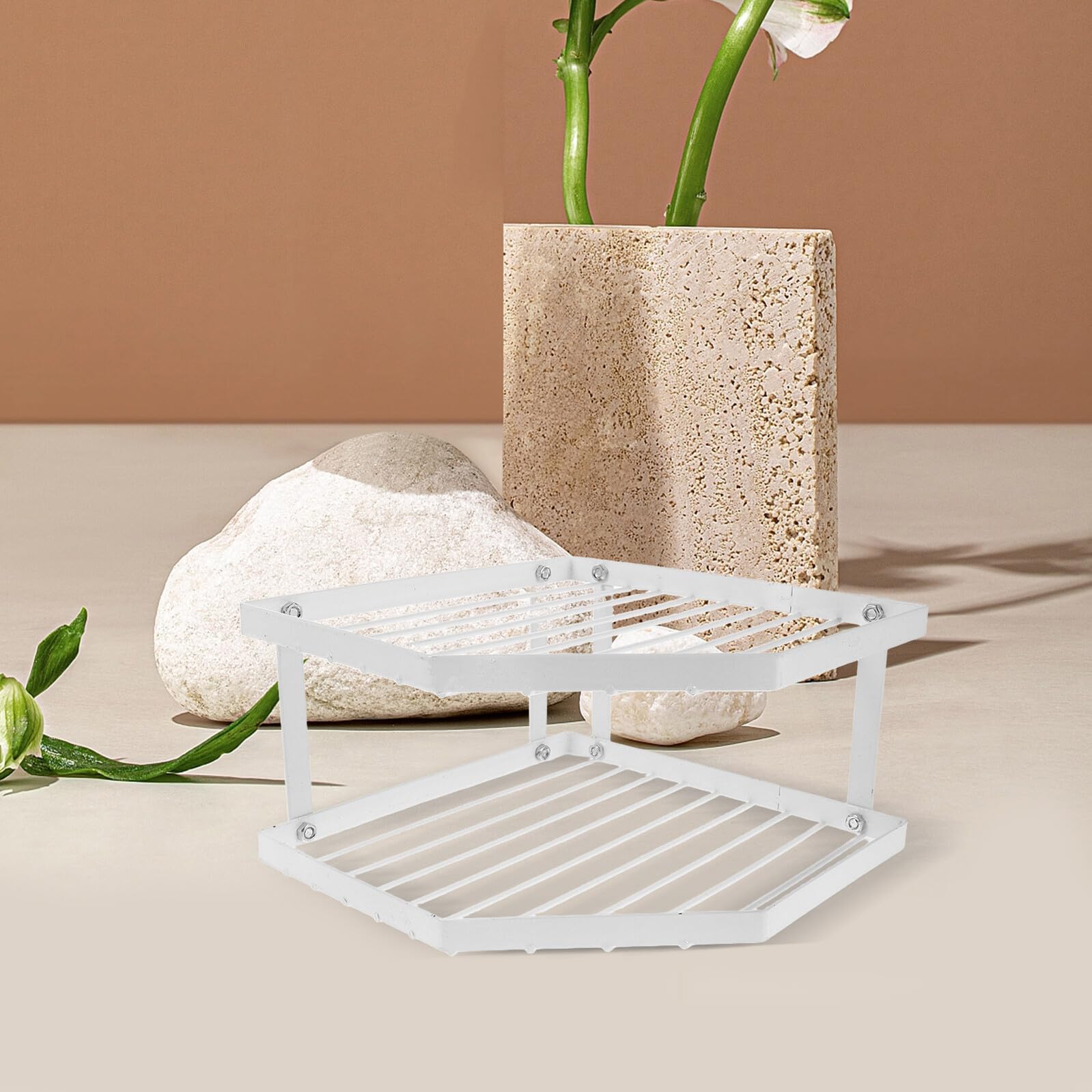 2-poziomowa narożna półka kuchenna, metalowy stojak na garnki z białą powłoką, 34 x 12 cm, oszczędzający miejsce, wielowarstwowy nizer na garnki, patelnie, słoiki na przyprawy i niezbędne przybory
