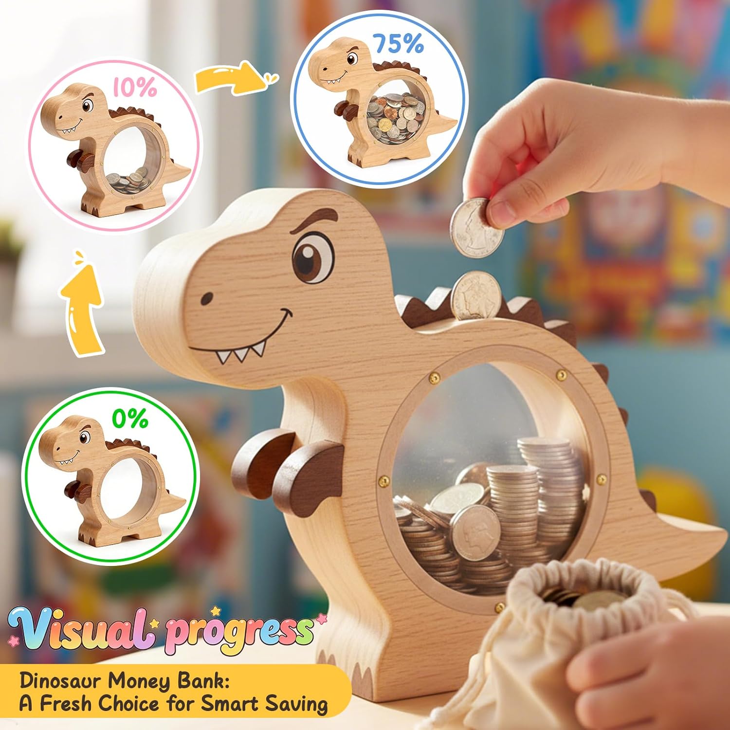 Dinosaur Piggy Bank with Clear Window - Wooden Money Bank for Dinosaur Lovers, Premium Dino Coin Bank, DIY Paintable Novelty Gift & Home Bedroom Decor (9.8 Inch, Natural Wood)