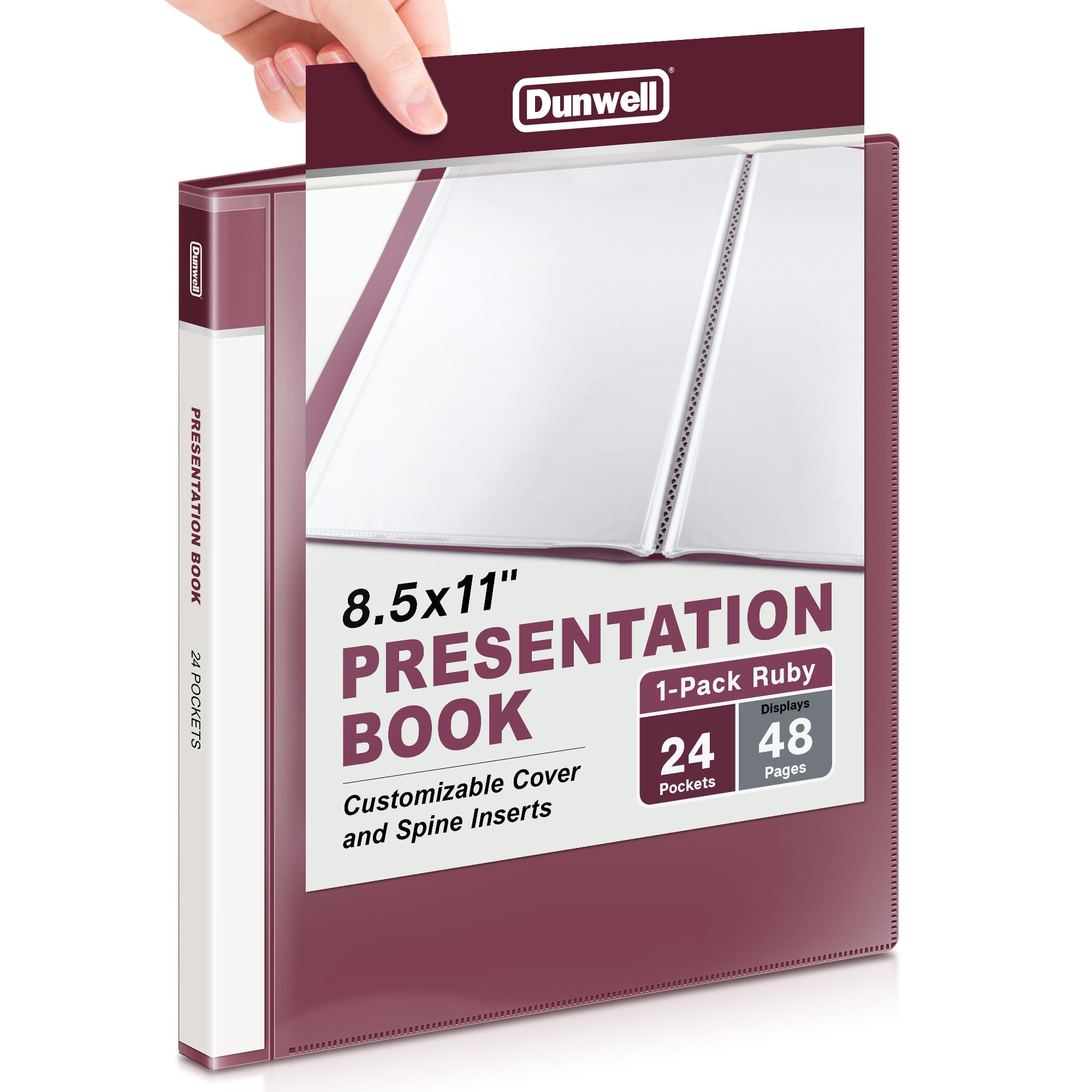 Dunwell Presentation Binder 24-Pocket, Displays 48 Pages, 8.5x11 Portfolio Binder with Plastic Sleeves, Storage and Organizer for Documents, Certificates, Projects, Photos (Ruby)
