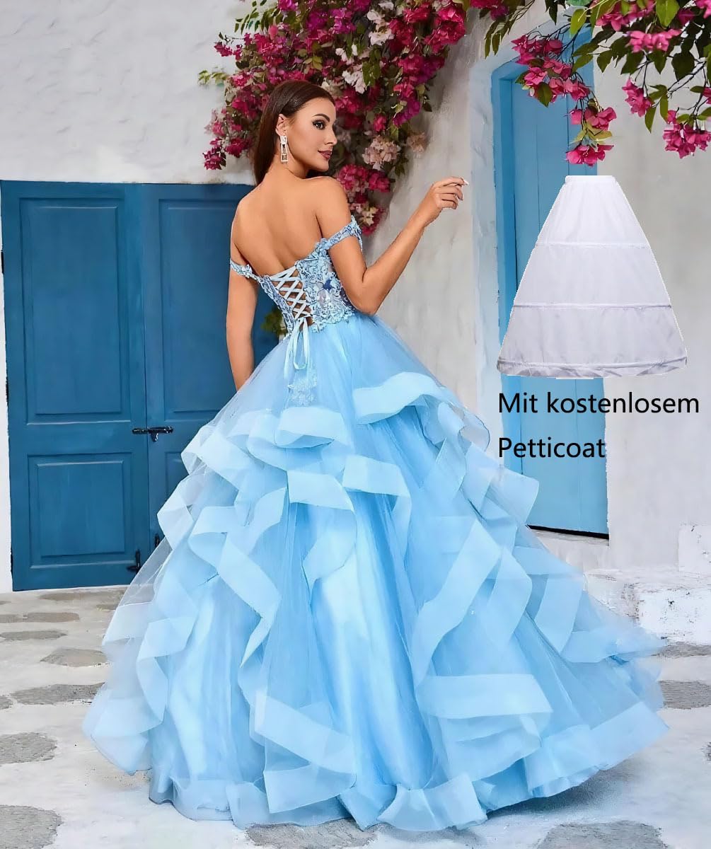 Volantes Tul Vestidos De Noche Hombros Descubiertos Vestidos De Quinceañera Vestido De Bola Largo Apliques De Encaje Vestido De Novia, azul claro, 32