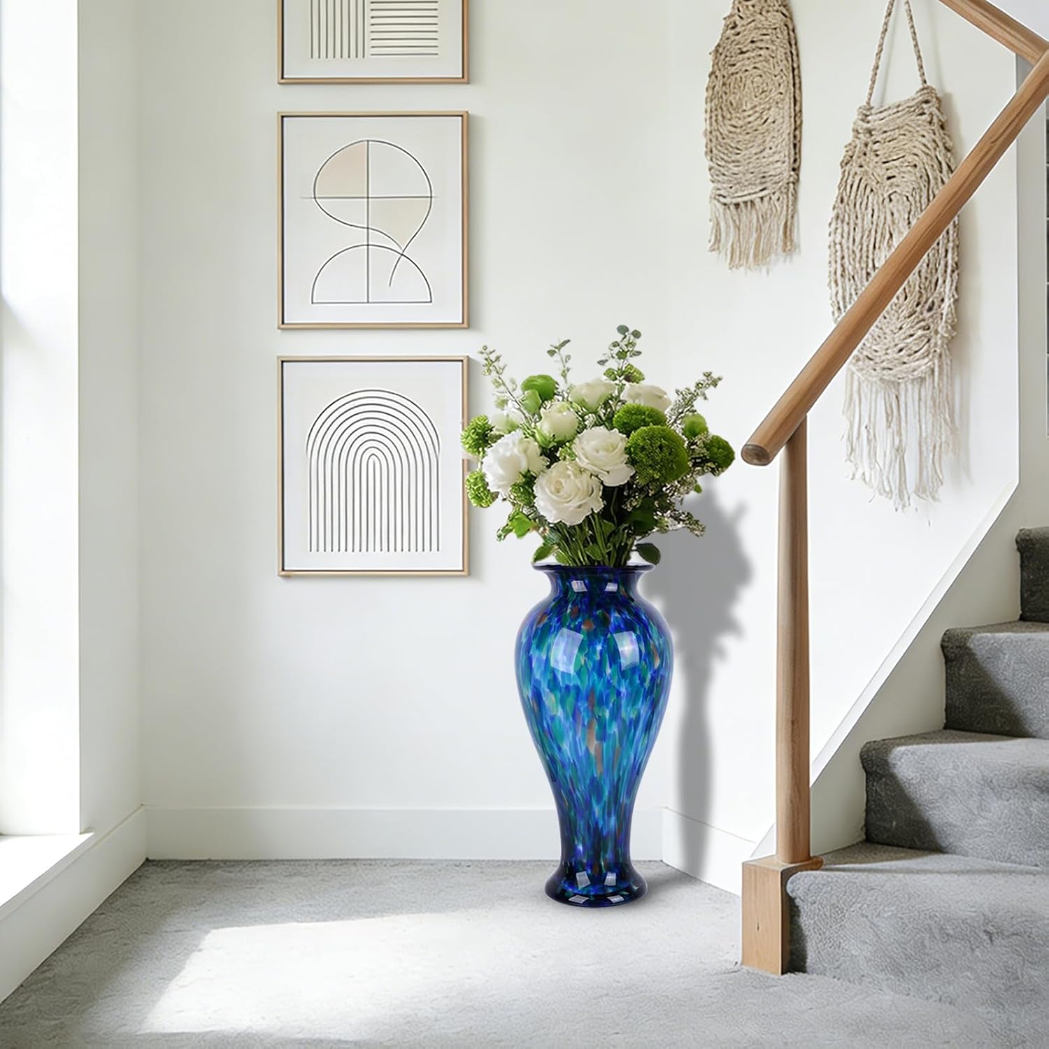 20" Tall Teal Glass Vases,Large Hand Blown Sea Glass Flowers Vase for Floor,Jarrones Grandes para Sala Elegantes, Pretty Modern Ocean Blue Flowers Vases for Living Room Wedding Decor