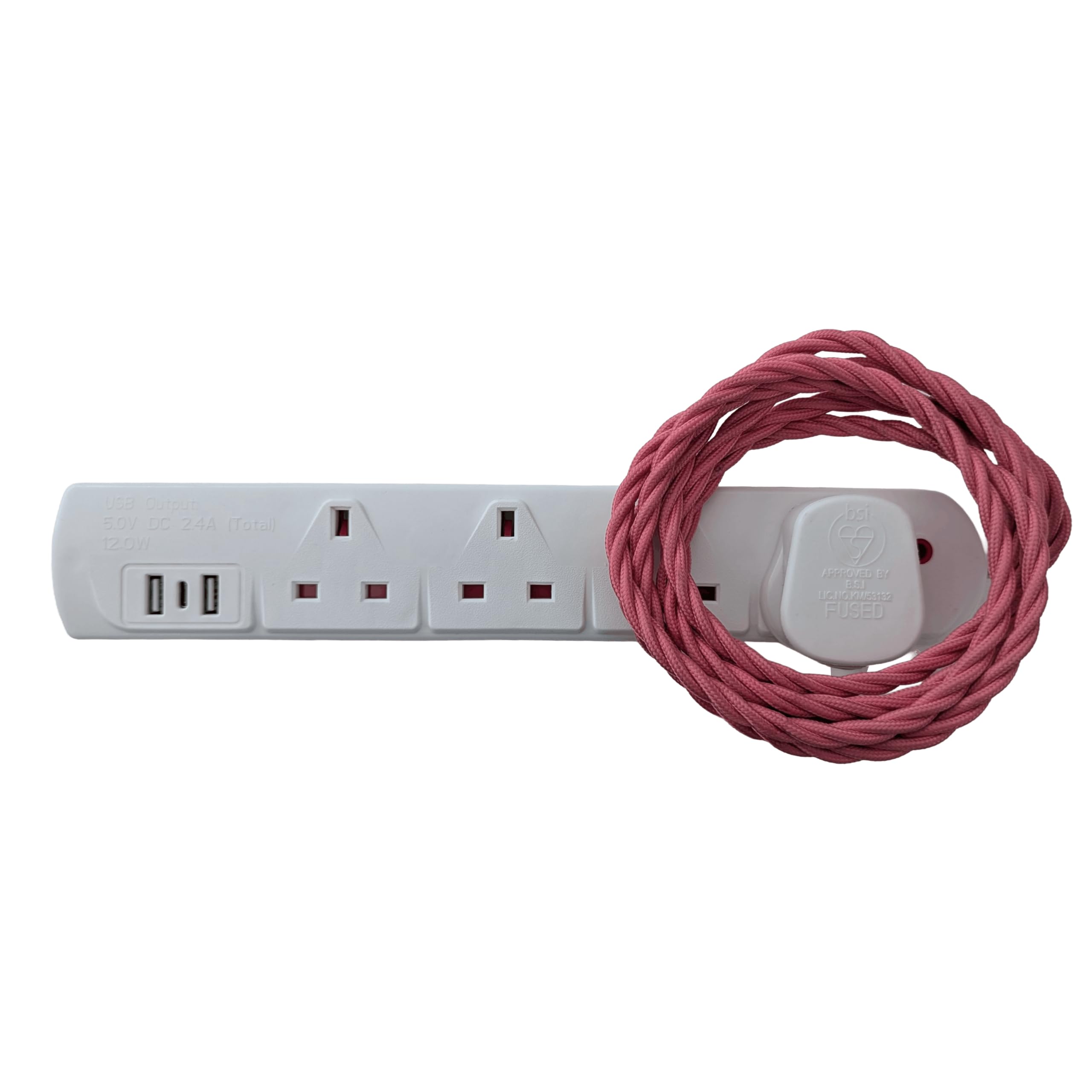 Vintage Electric Extension Leads, 13 amp rated Power Strips with 4 Way Outlets, 4 Socket Extension Cable with 2M Braided Fabric Twisted Cord for Home Office (Evening Blush (White Plug))