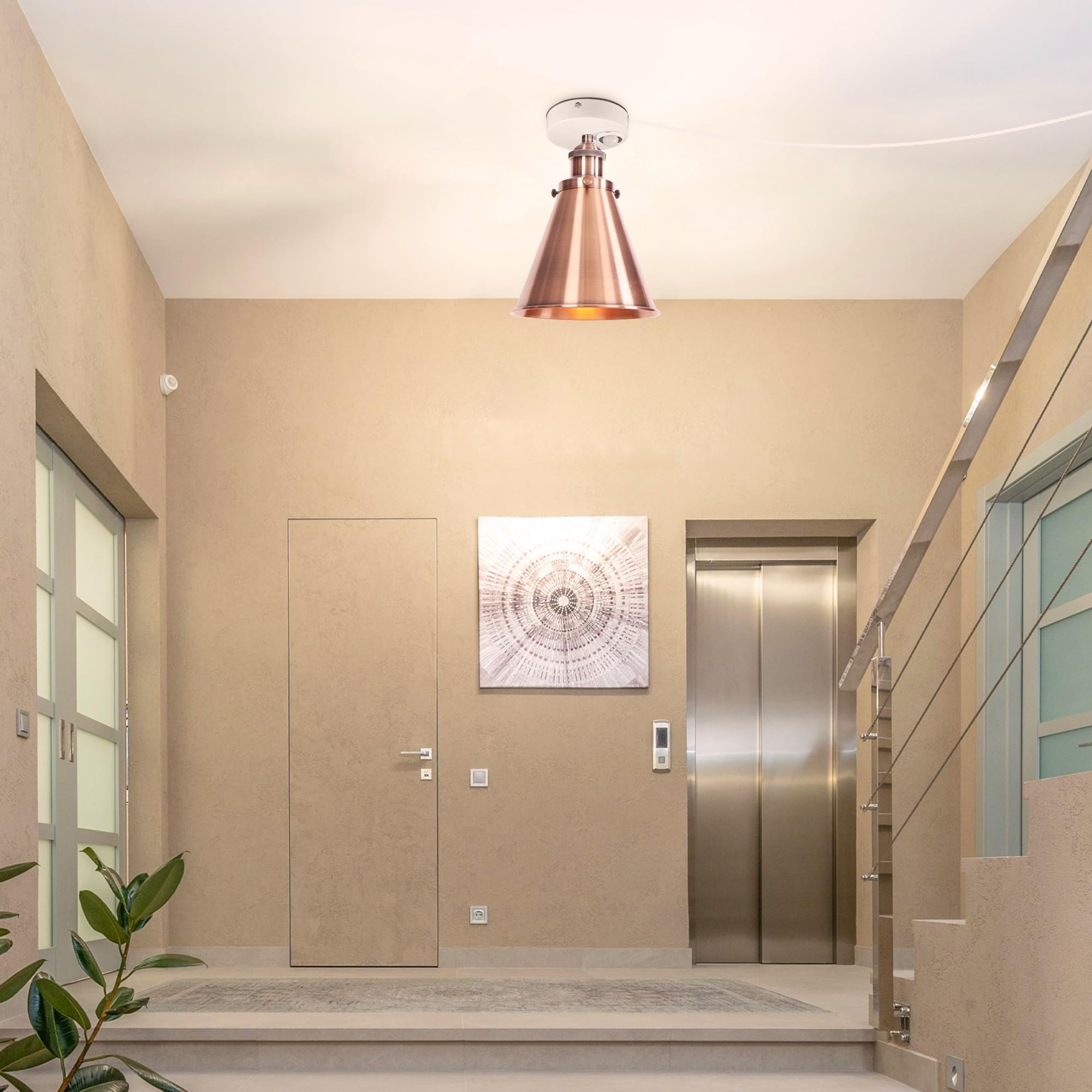 Plafoniera con sensore di movimento interno, in ferro industriale, con sensore di movimento radar con cavo da 4,5 m e portalampada E27, per corridoio, bagno, scale, garage, rosso rame