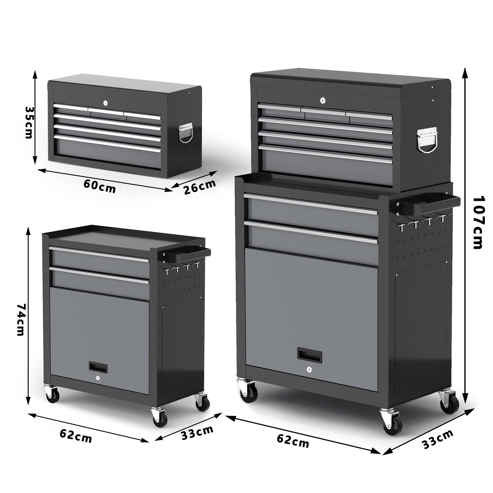 AIRAJ Carro Herramientas de Ocho Cajones,Caja de Herramientas Grande con Ruedas de 42 Pulgadas,Carro Herramientas Vacio Metálica Superior Desmontable,Garaje, Armarios de Almacén,Negro